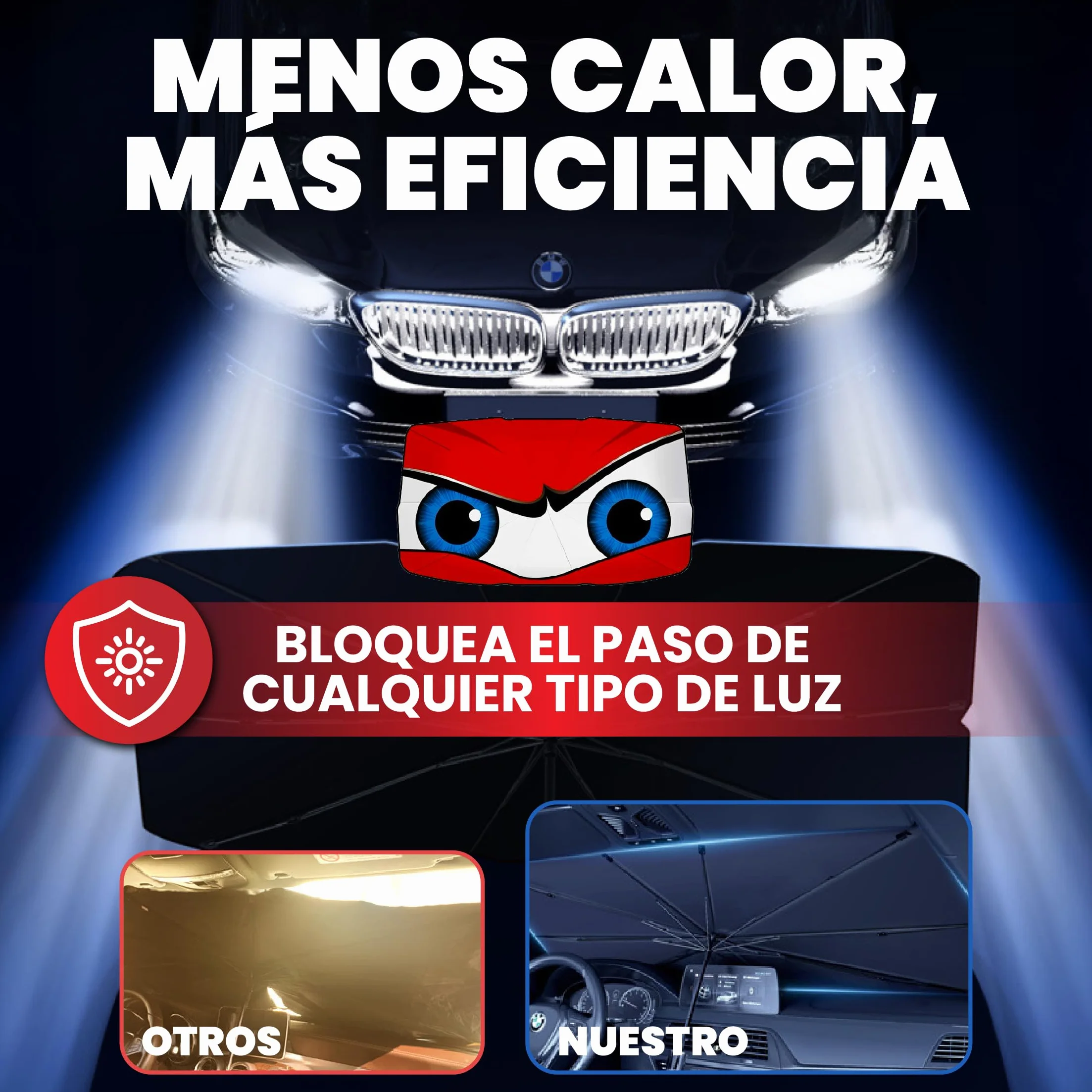 Parasol Coche Delantero 140 cm x 80 cm, Protector Solar de SUV y Camión, Parasol Paraguas Coche de Poliéster, Plegable con Eje Giratorio 360º y Revestimiento de Titanio, Resiste a los Rayos UV
