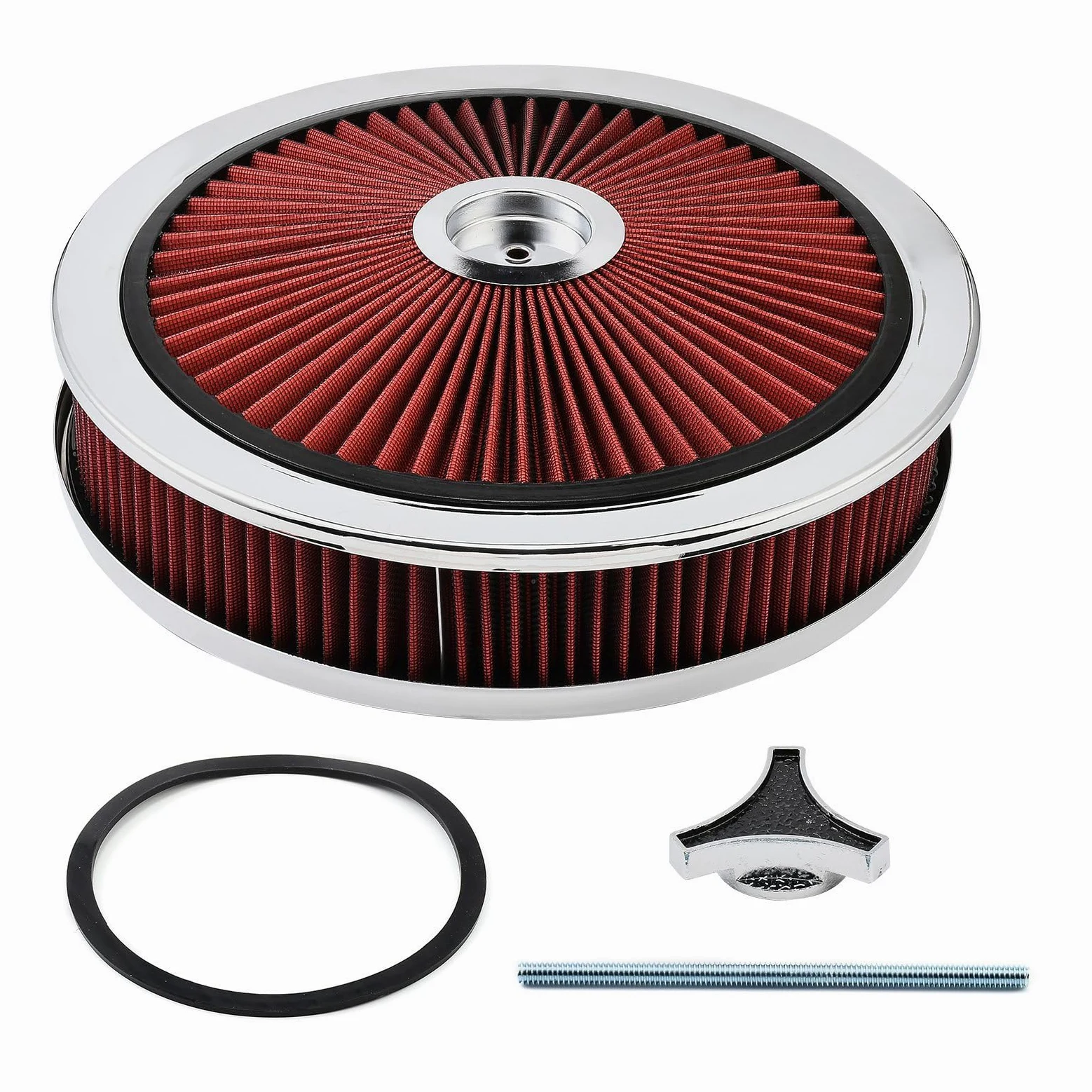 XhuangTech Filtro de admisión de aire redondo de 14 x 3 pulgadas, kit de montaje de filtro de aire de aluminio de alto flujo, rendimiento reutilizable, filtro lavable para motor de automóvil con tapa