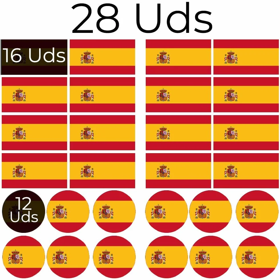 28 Pegatinas Bandera de España. Stickers Forma Redonda para Coche, Moto, Bicicleta y Casco. Resistentes al Agua y al Sol. Uso Exterior