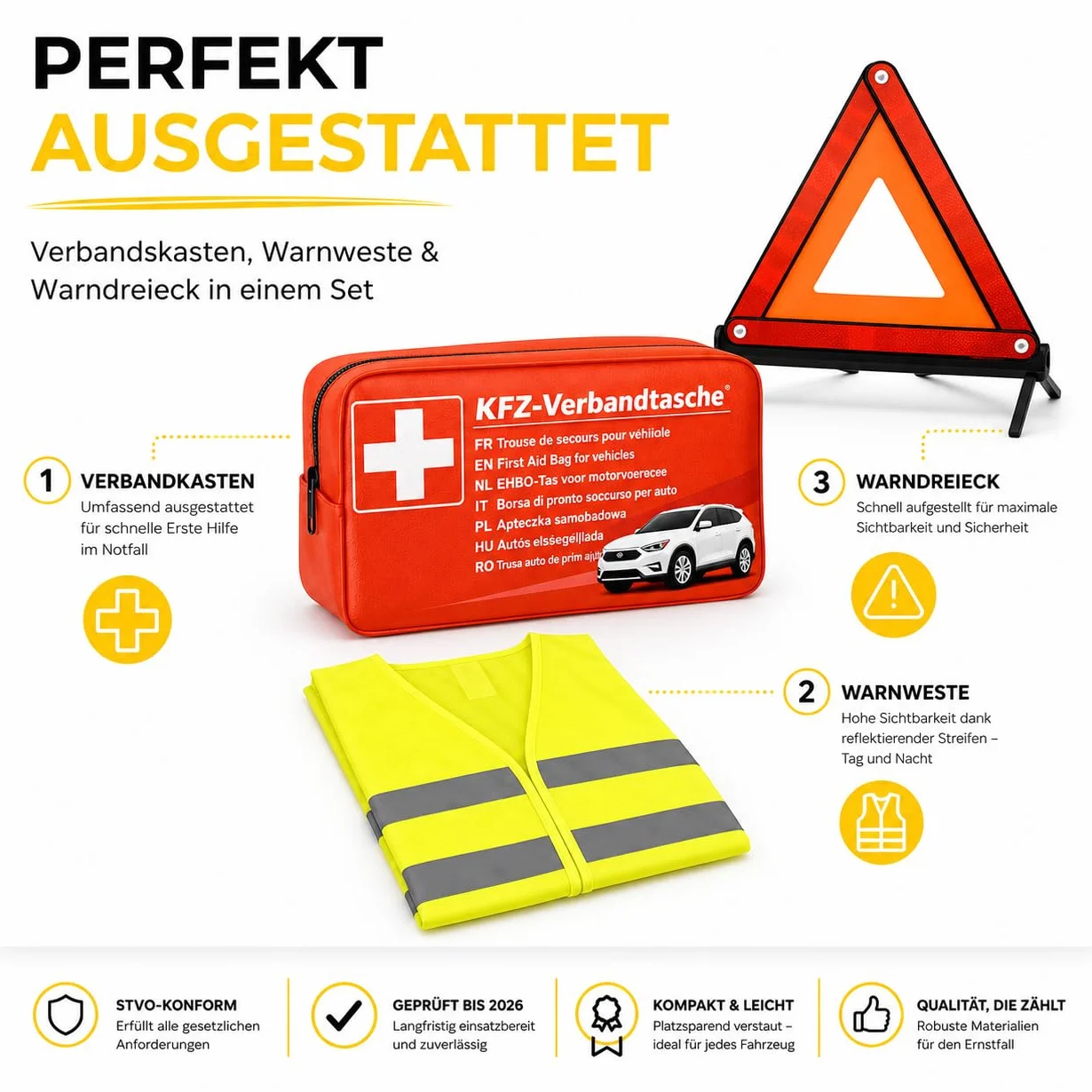 Kit de reparación de averías 3 en 1 para coche con accesorios: botiquín de primeros auxilios, chaleco de seguridad y triángulo de advertencia StVO
