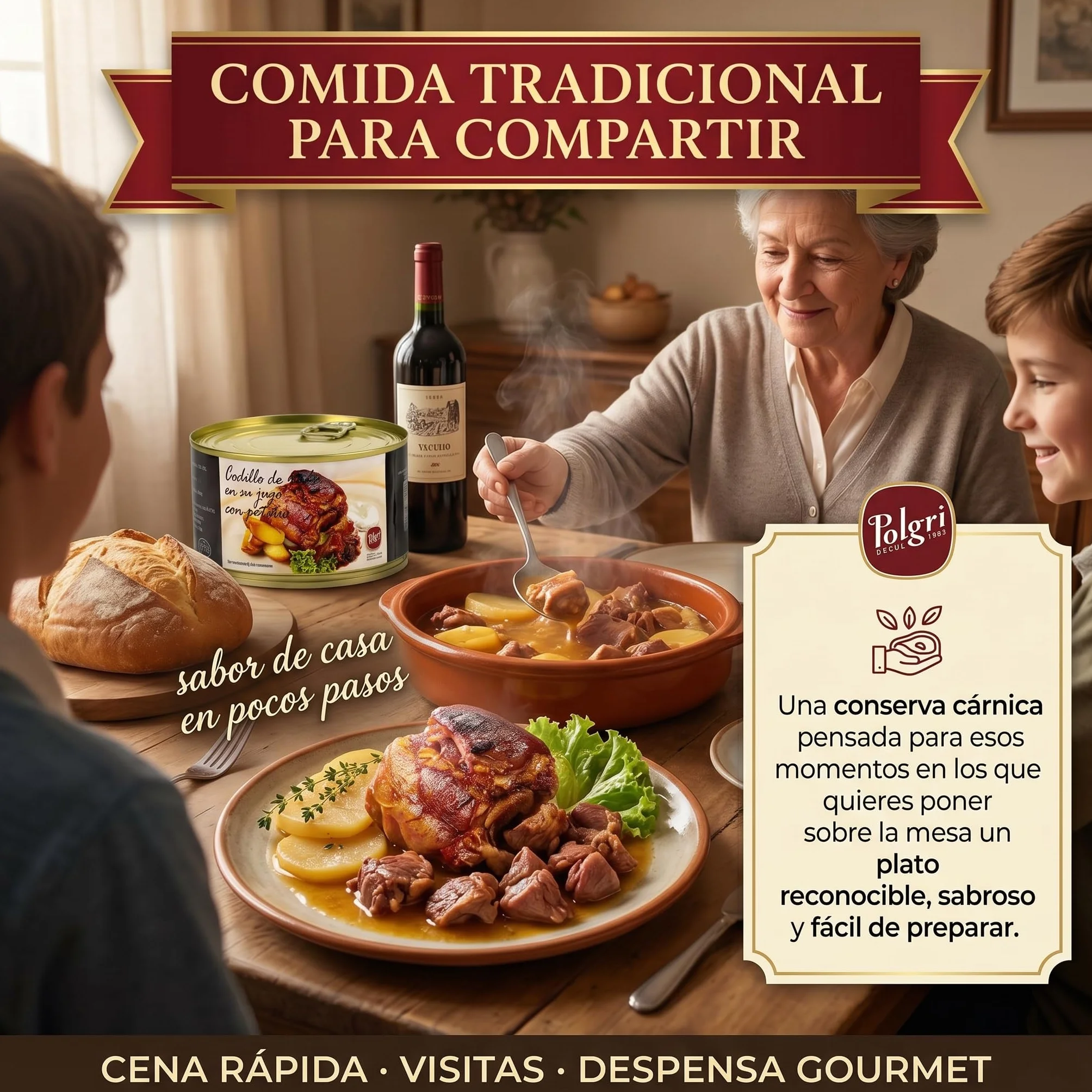 POLGRI Codillo de Cerdo en su Jugo Deshuesado con Patatas Lata 425 g Conserva Carne Cocinada Receta Manchega