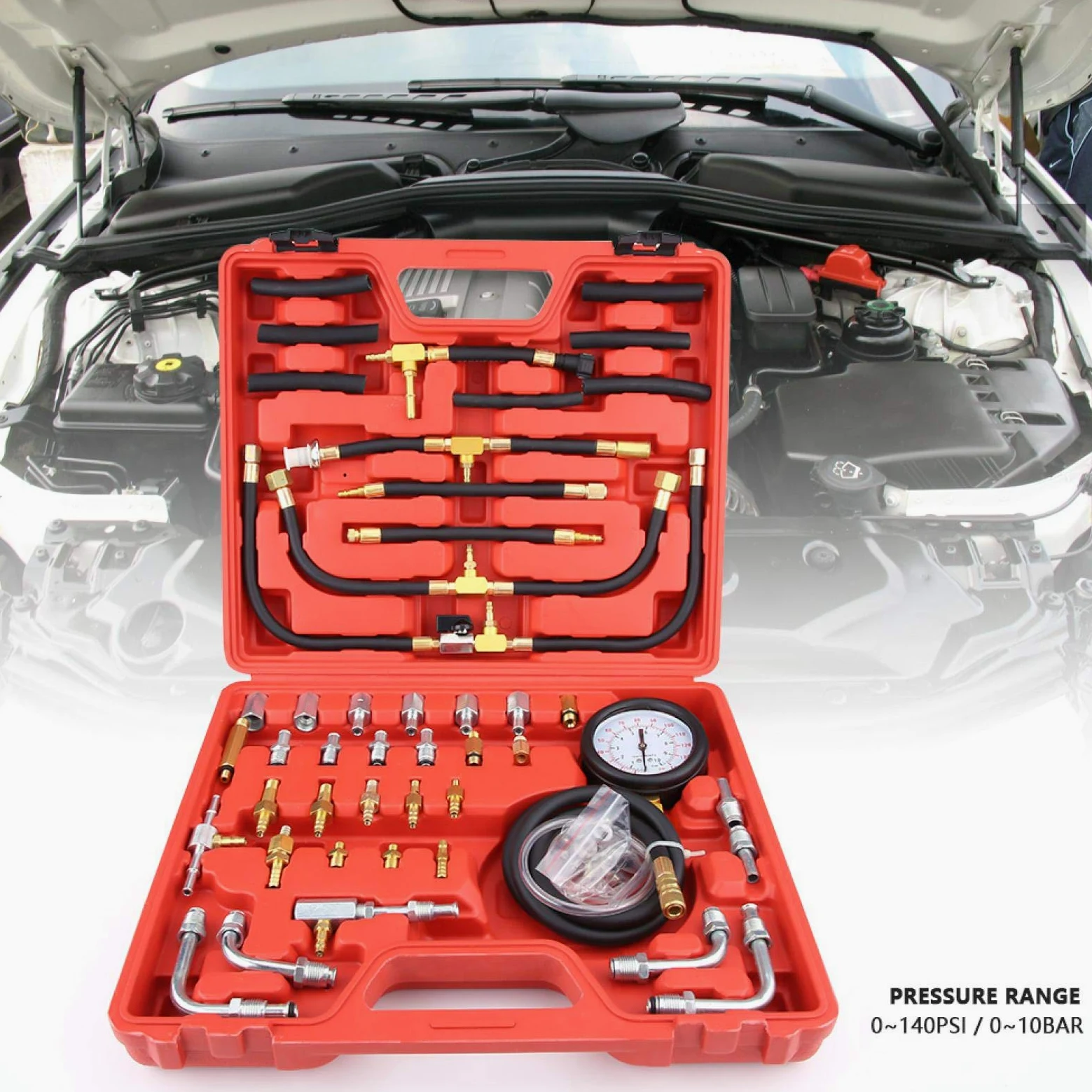 EBTOOLS Kit de medidor de presión de combustible, probador de medidor de presión de combustible de gasolina universal, kit de herramientas de diagnóstico de bomba de inyección