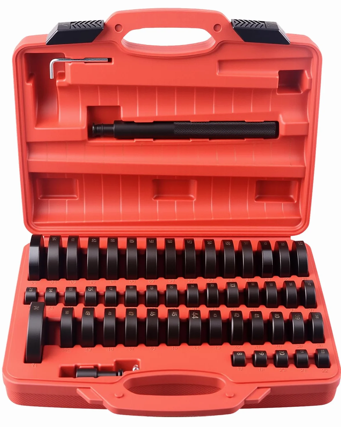 DAYUAN Juego de 52 piezas de discos de montaje para rodamientos de rueda, juntas de sellado radial, casquillos, copas, gomas, extractor, pieza de presión, juego de instalación para prensar 18-65 mm