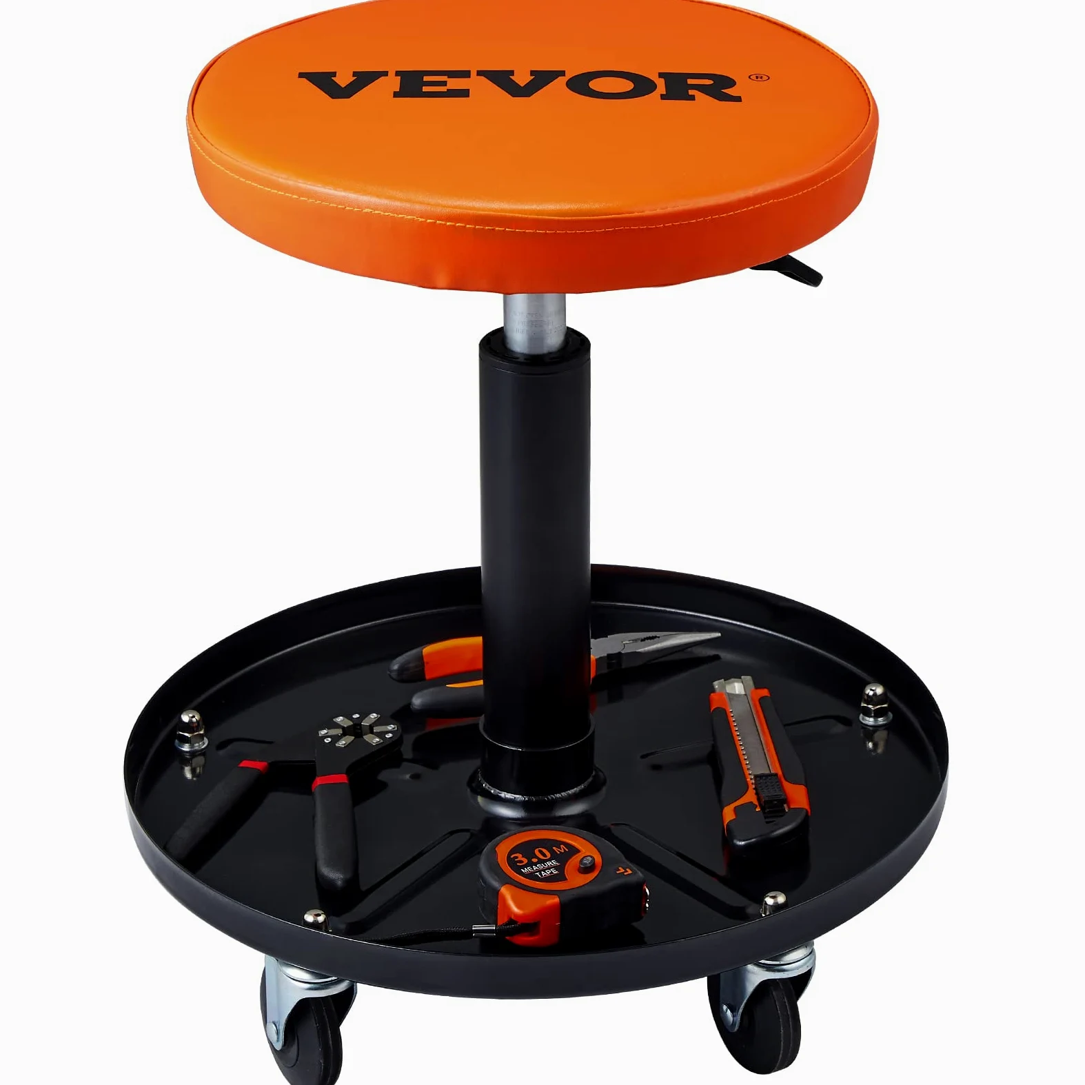 VEVOR Taburete de Taller Móvil Carga de 113,4 kg Taburete Mecánico con Ruedas Asiento de Taller Altura Ajustable con Bandeja de Herramientas Marco Resistente Cómodo Asiento Acolchado para Automóvil