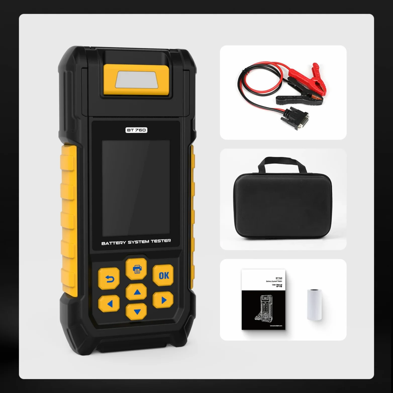 Analizador de batería BT760 30-2000 CCA Prueba de batería/carga/carga/arranque para vehículos de 8-32 V HD-Vans Camiones Motocicletas Impresora incorporada con 3 rollos de papel de impresora 14