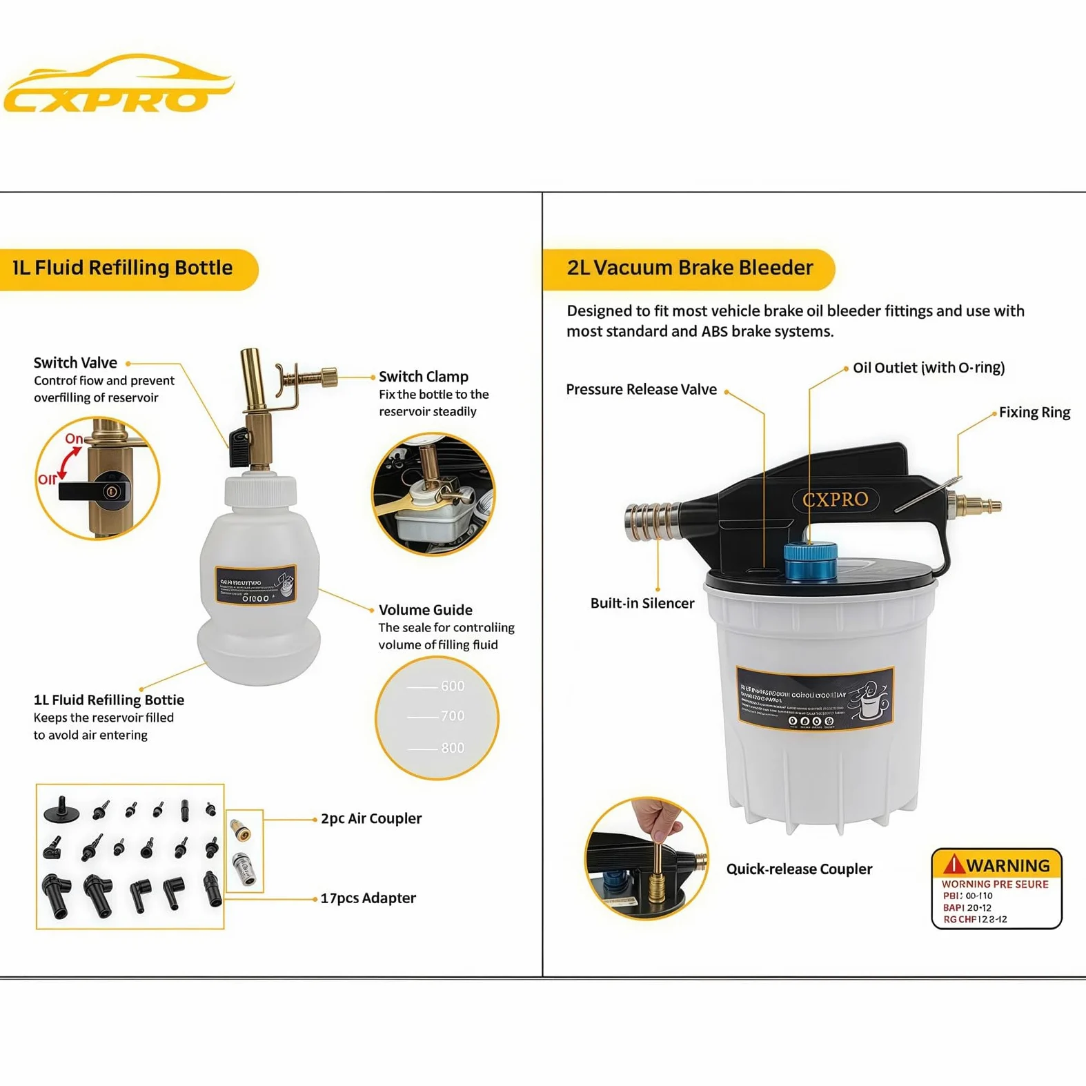 Kit de purga de frenos, kit de purga de frenos al vacío con extractor de líquido de frenos de 2 L y botella de recarga de 1 litro, kit de purga de embrague de presión con 19 adaptadores