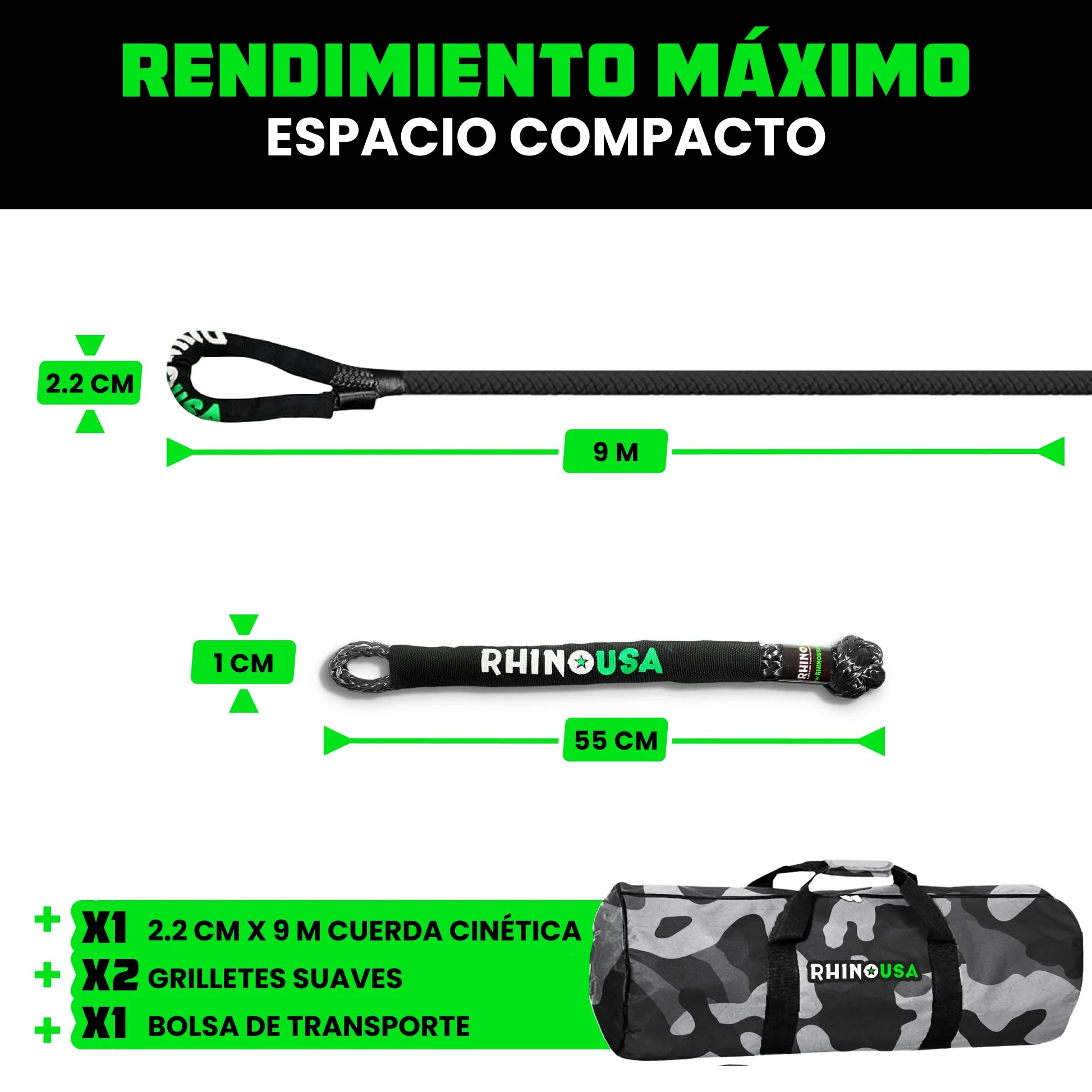 Rhino USA Cuerda Cinética para Remolque 13000kg - Cuerda de Remolque y Recuperación con 2X Grilletes - Correa de Rescate Todoterreno 2.2 cm x 9 m - para Todoterreno Quad UTV 4x4 - Negro