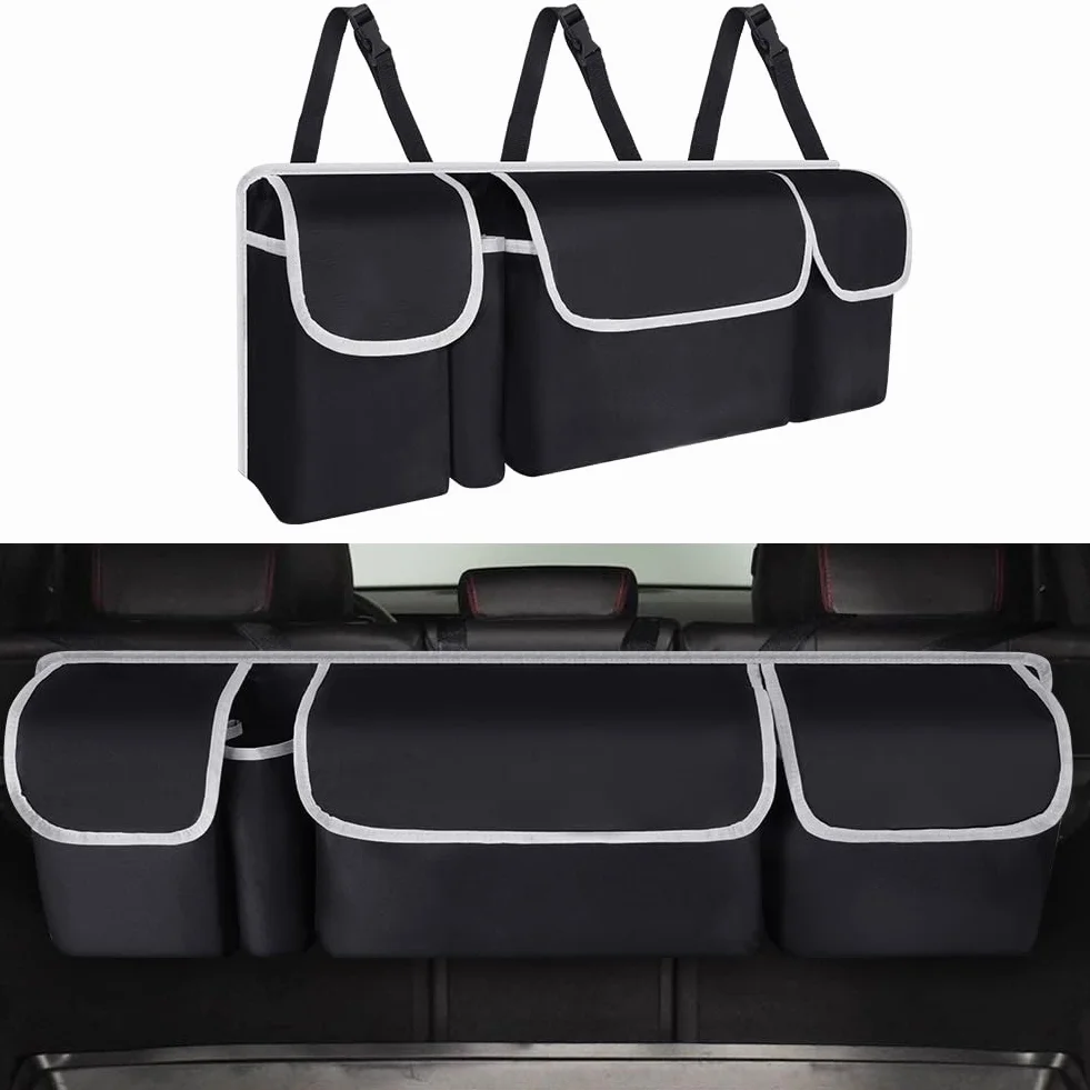 URAQT Organizador de Maletero de Coche, Bolsa de Almacenamiento Plegable para Coche con 4 Bolsillos, Bolsa Impermeable para Maletero del Asiento Trasero, 3 Correas de Hombro Ajustables