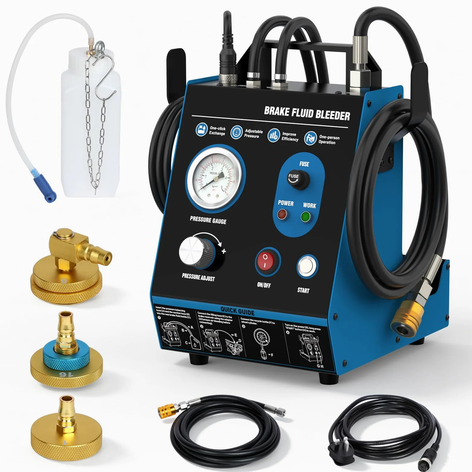 Kit de purga de frenos automática de 220 V, purgador de líquido de frenos de pulso de potencia 7-36 PSI, relleno de vacío sin aire, purga de freno de presión ajustable con protección contra