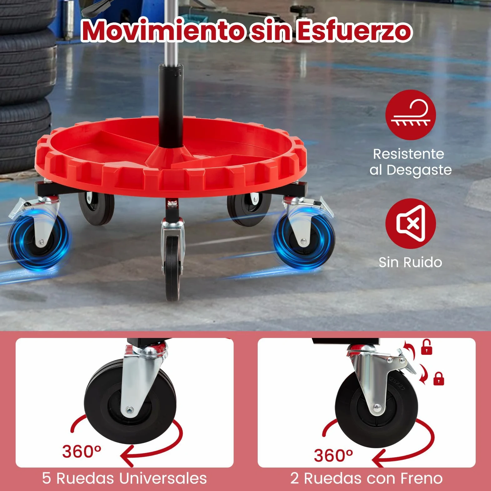 GYMAX Taburete de Taller, Taburete Mecánico con Asiento Aolchado Giratorio, Altura Ajustable, Bandeja para Herramientas, 5 Ruedas Universales, Asiento Rodante para Garaje Reparación Carga 150 kg