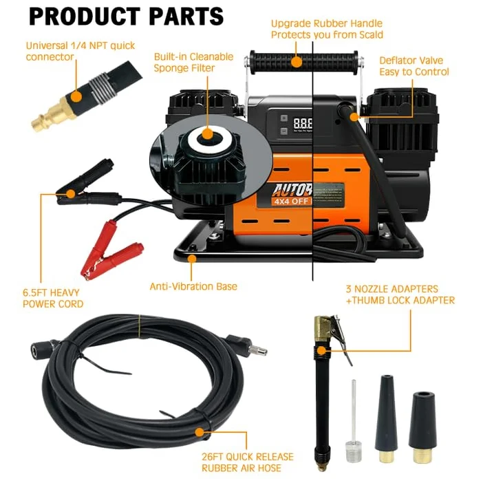 Compresor de Ruedas Portátil Bicilíndrico 12V 350L/min 150PSI con Pantalla LCD Inteligente Auto Stop, Accesorios y Bolsa Reforzada