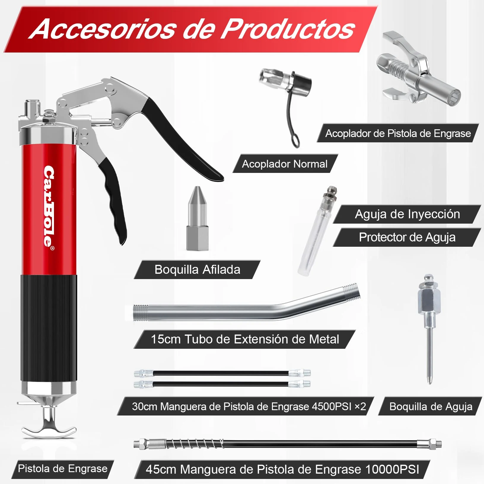 CarBole Pistolas de Engrase 8000PSI con Acoplador,Engrasadora,Bomba de Engrase,3 Mangueras Flexibles y Tubo de Extensión de Metal,Con Seis Tipos de Boquilla,Compatible con Cartucho de Tinta 400cc