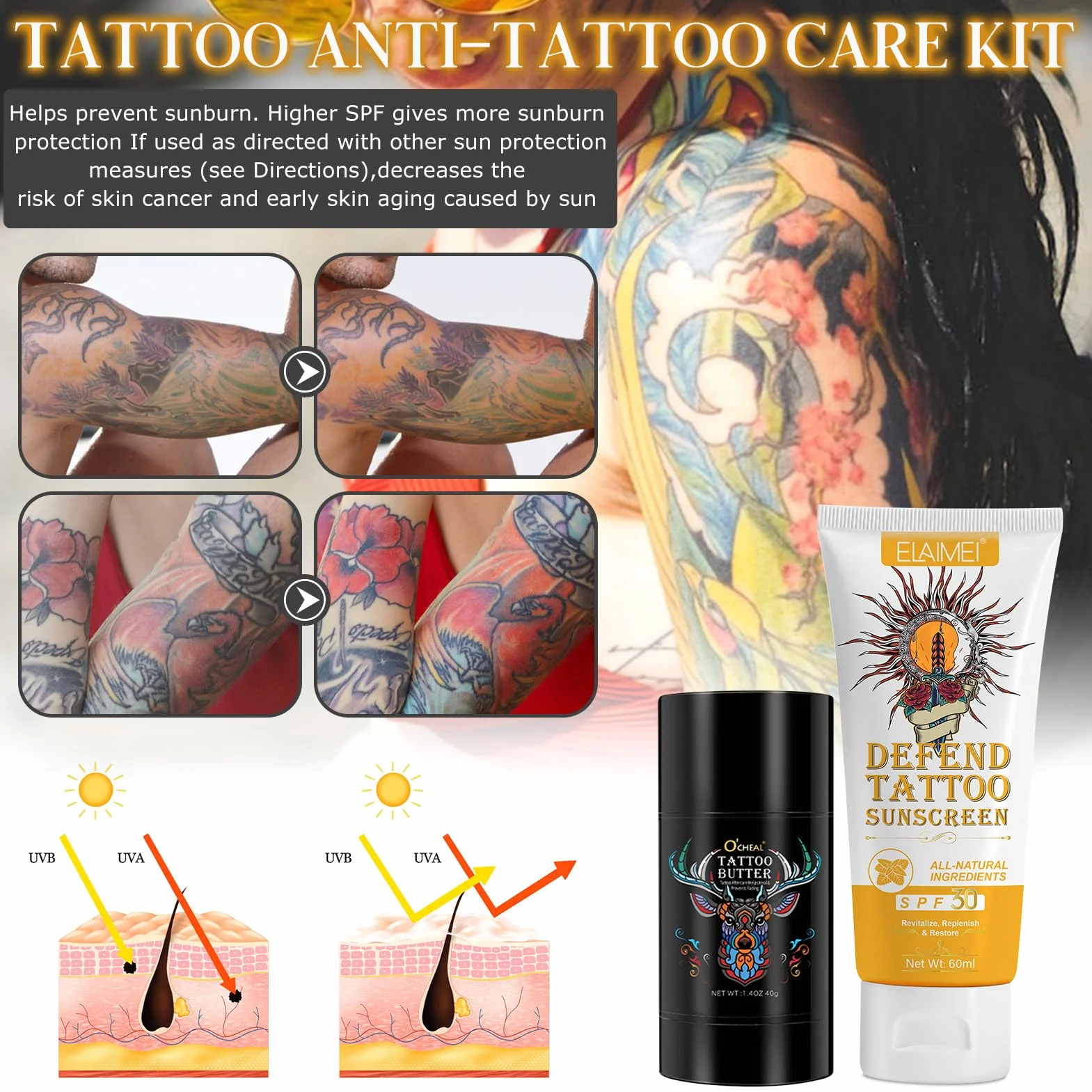 Crema Solar para Tatuajes con Protección UVA/UVB, Mantequilla para Tatuajes