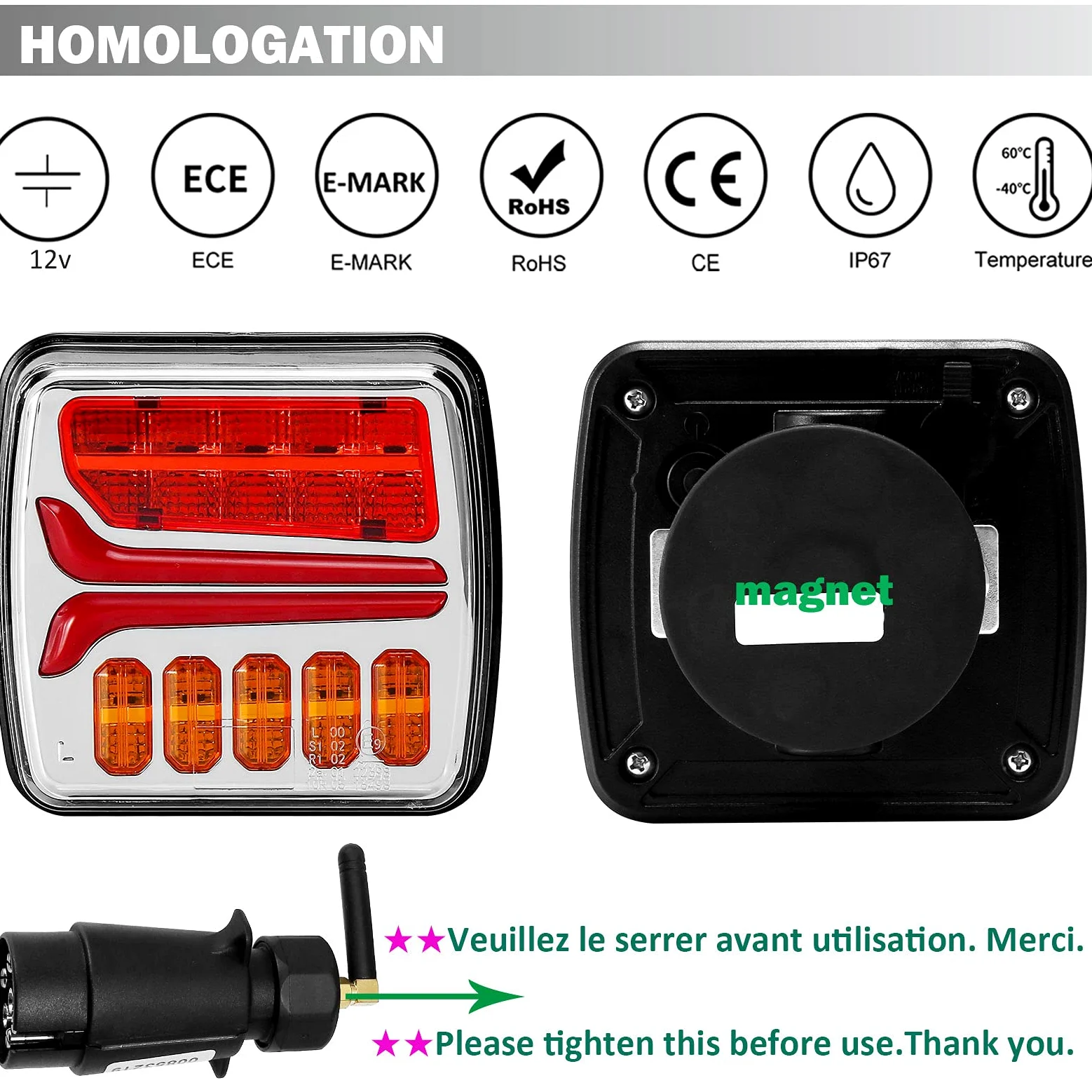 Kit12V Magnético Inalámbrico Luces Traseras Para Remolque Coches Led, 2Pcs Inalámbricas Pilotos Luces Traseras Remolque, Magnéticas Inalámbricas Camión Indicadora Dinámica Impermeable E-mark