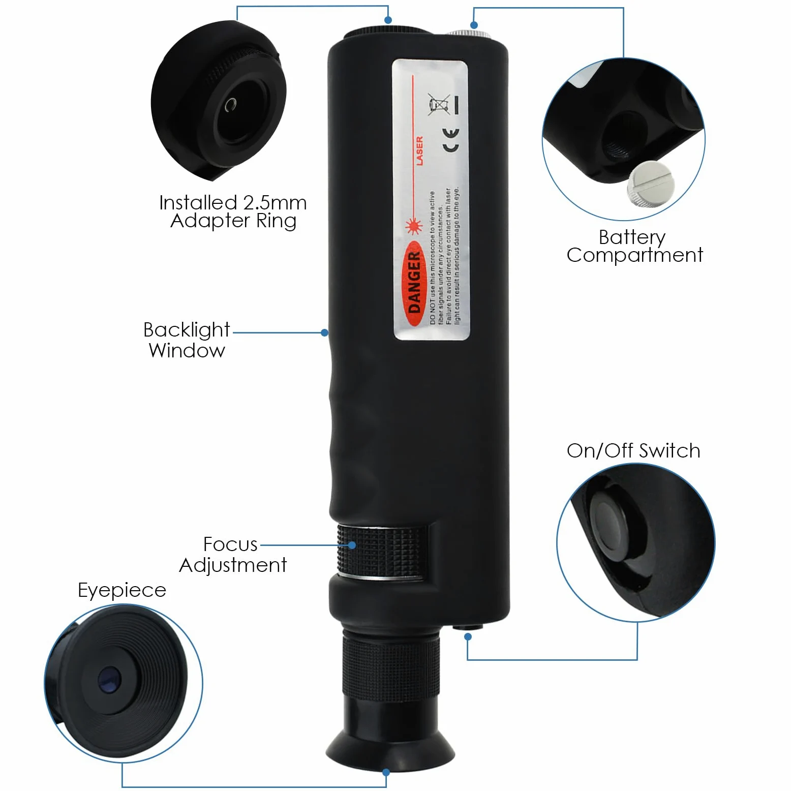 400X Lichttoptischer Hand-Mikroskopprüfer für Koaxialkabel einschließlich 2,5 mm und 1,25 mm Adapter