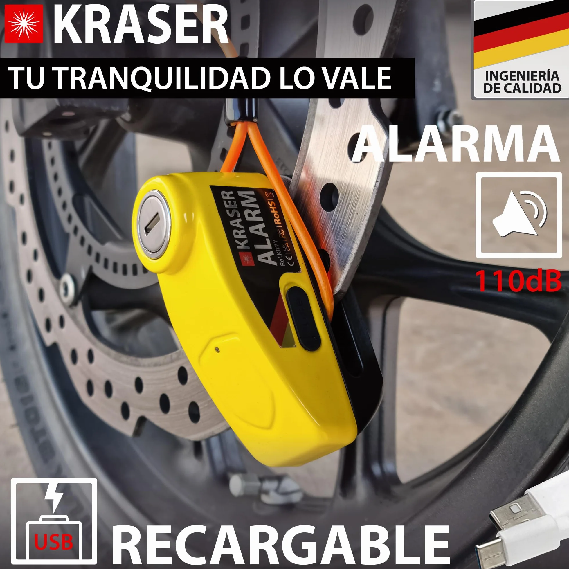 KRASER KR7Y Candado Disco Moto con Alarma 110dB Batería Recargable USB, Sensor de Movimiento, Impermeable Resistente Visible, Antirrobo Cepo Pinza Freno Bloqueo 7mm Universal, Amarillo