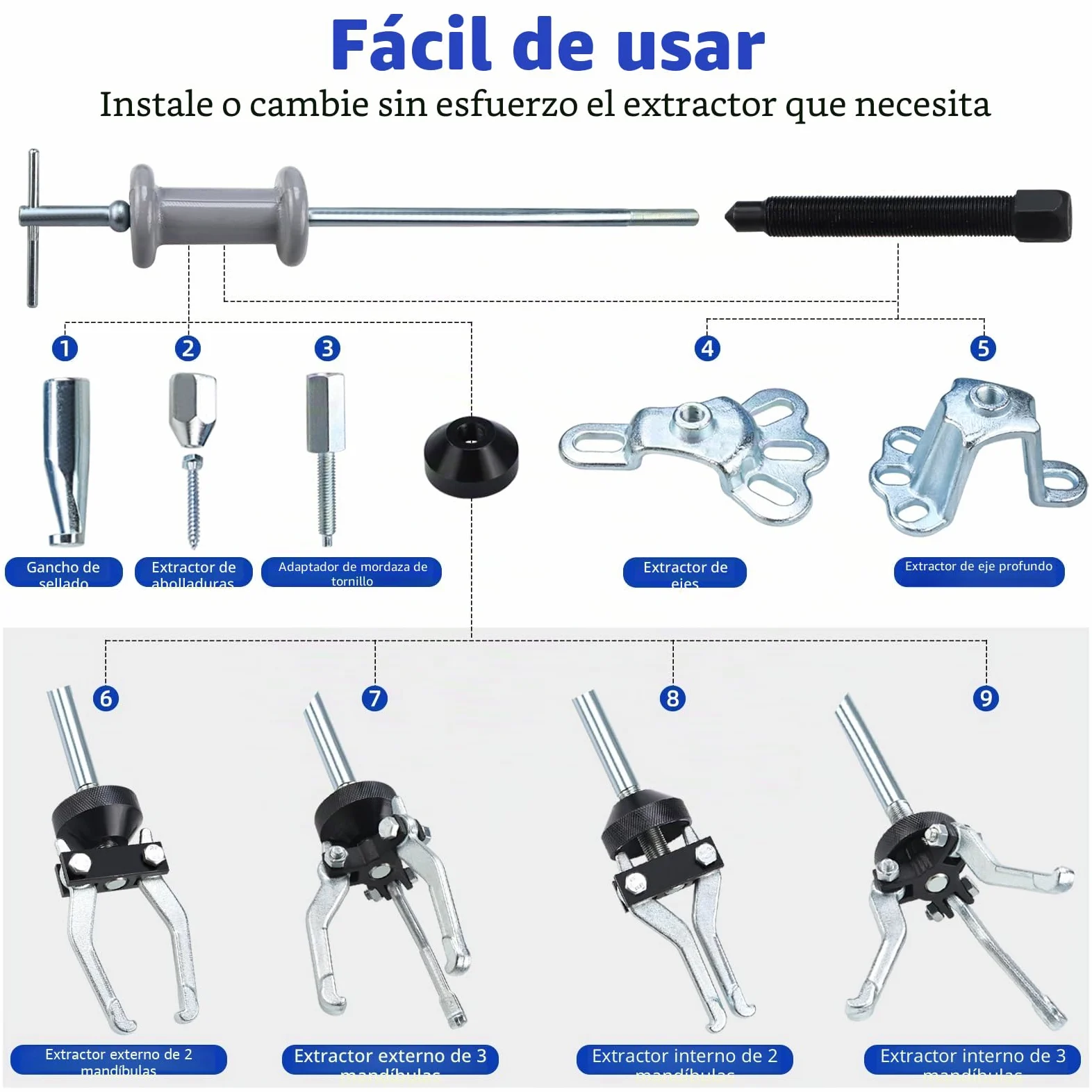 FreeTec 9 en 1 Extractor de Martillo Inercia, Extractor Bujes y Rodamientos con Martillo Deslizante, 2 Tams. Extractores Buje, 3 Garras Extractores Rodamientos Internos, Extracción Abolladuras Coche
