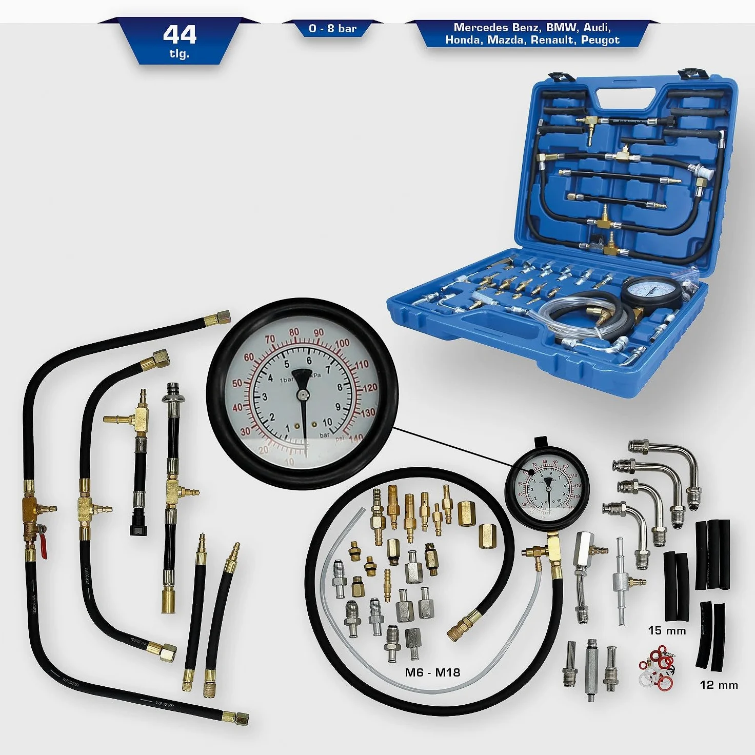 BRILLIANT TOOLS BT581400 Juego de comprobador de presión de gasolina, 44 pzs [Powered by KS TOOLS]