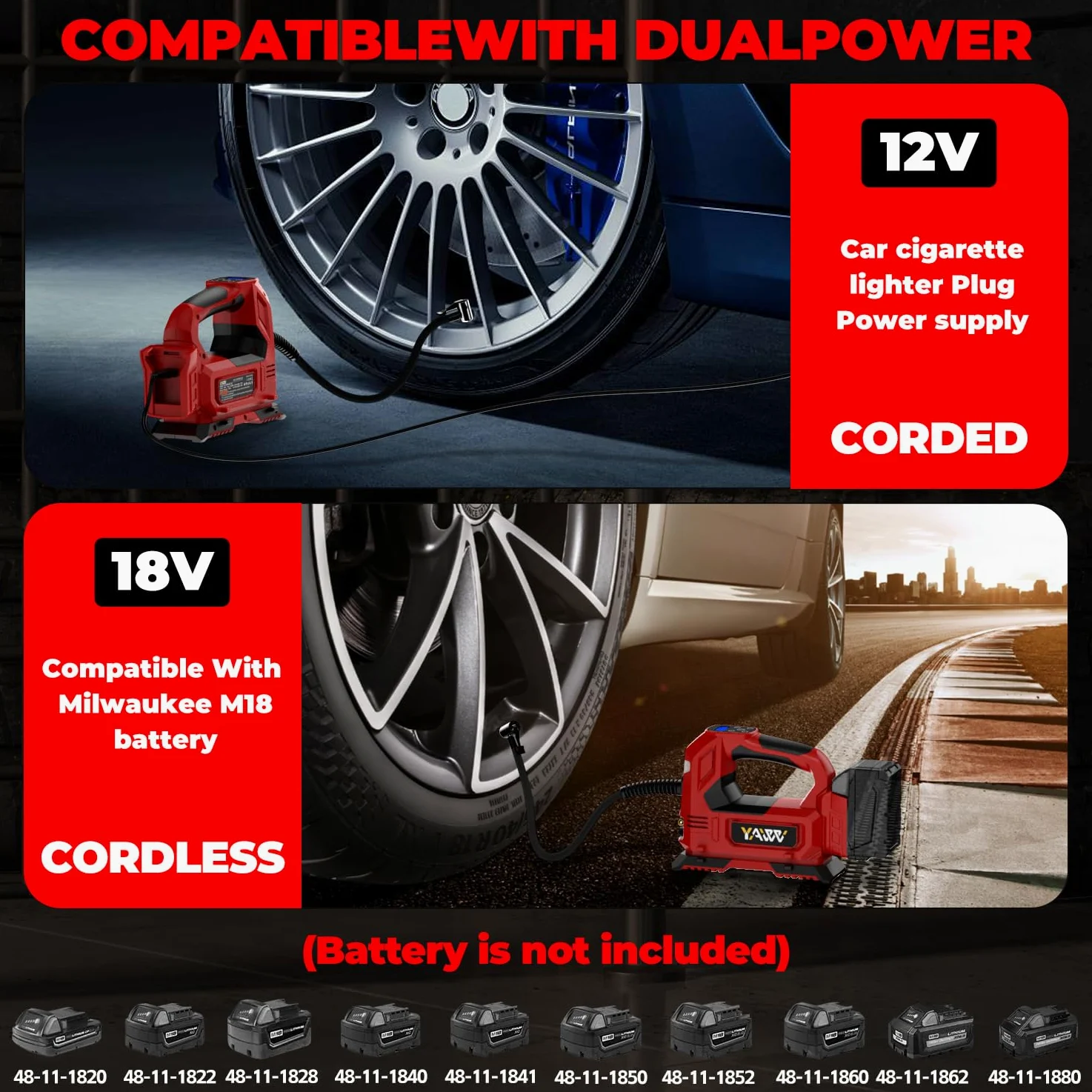 Compresor de aire inalámbrico para inflador de neumáticos para batería Milwaukee M18, bomba de aire portátil de luz LED de 160 PSI con manómetro digital para coches, motocicletas, bicicletas, pelotas