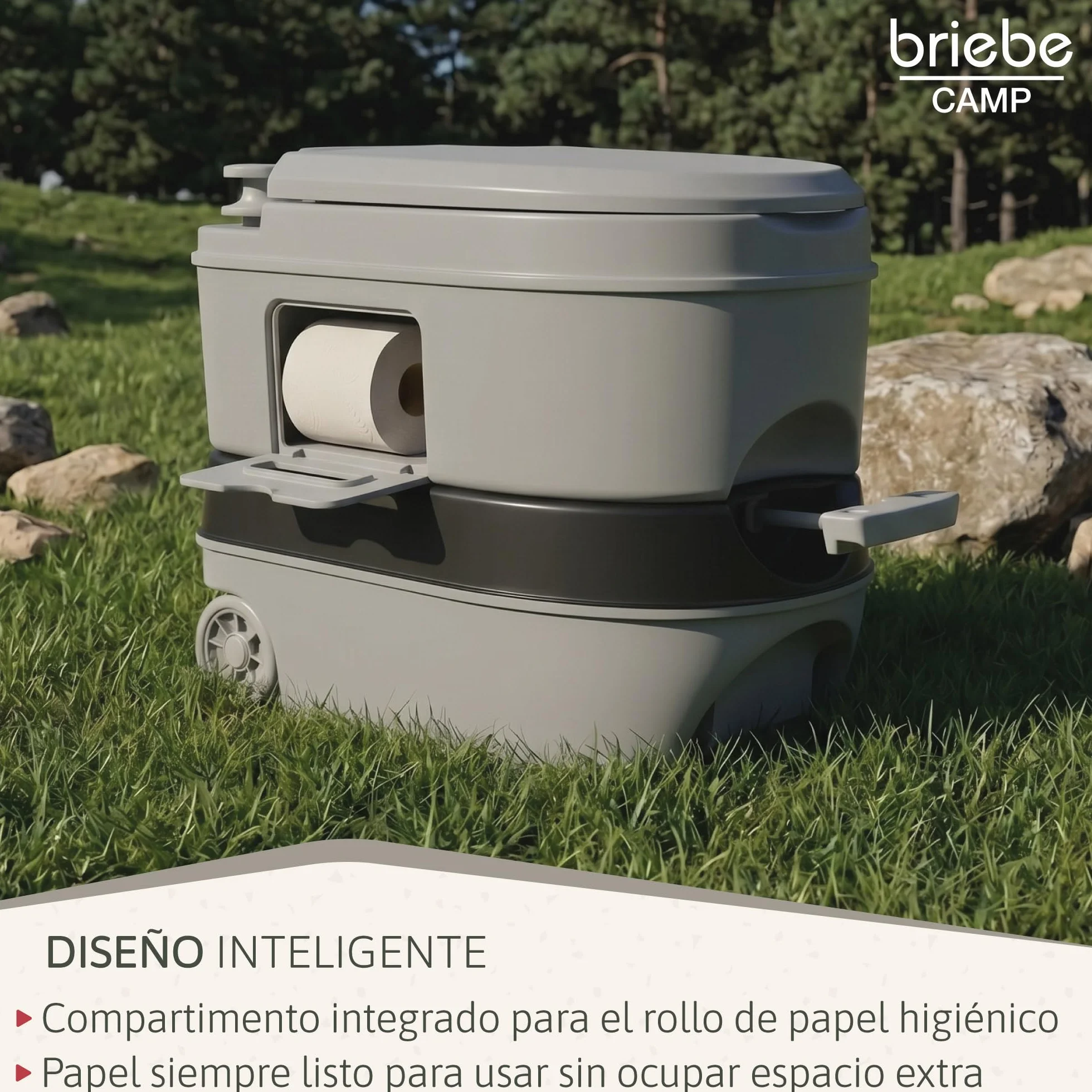 briebe Camp WC Inodoro Portátil Químico con Ruedas Adultos Potty 24L Camping, Camper, Auto Caravana, Water con Cisterna Descarga Agua 20L, Válvula Drenaje sin Fugas, Fácil Limpiar y Vaciar WC1196G