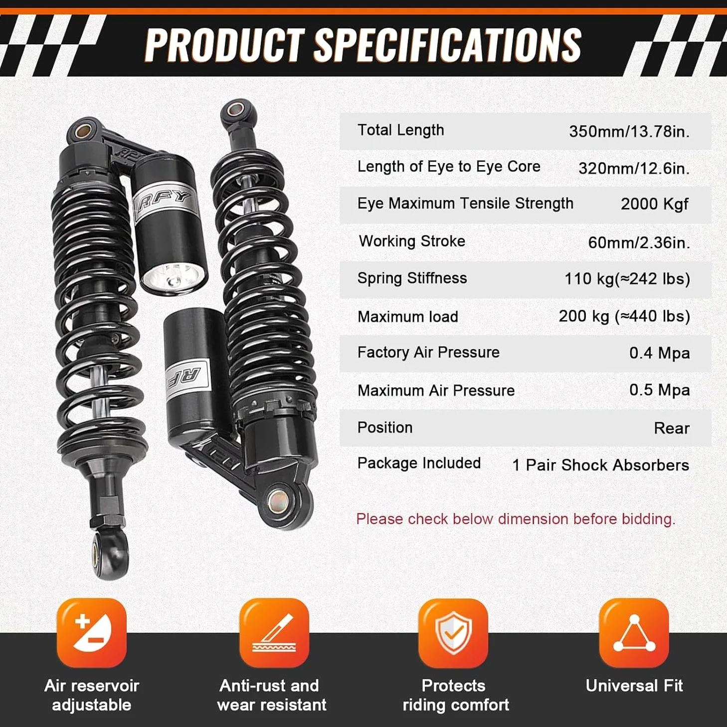 320mm 12.5 pulgada 7mm primavera Amortiguador de aire universal para motocicleta, suspensión trasera, ATV, quad, scooter, bici de la suciedad para CBR600 CBR400 CB500 YZF Negro