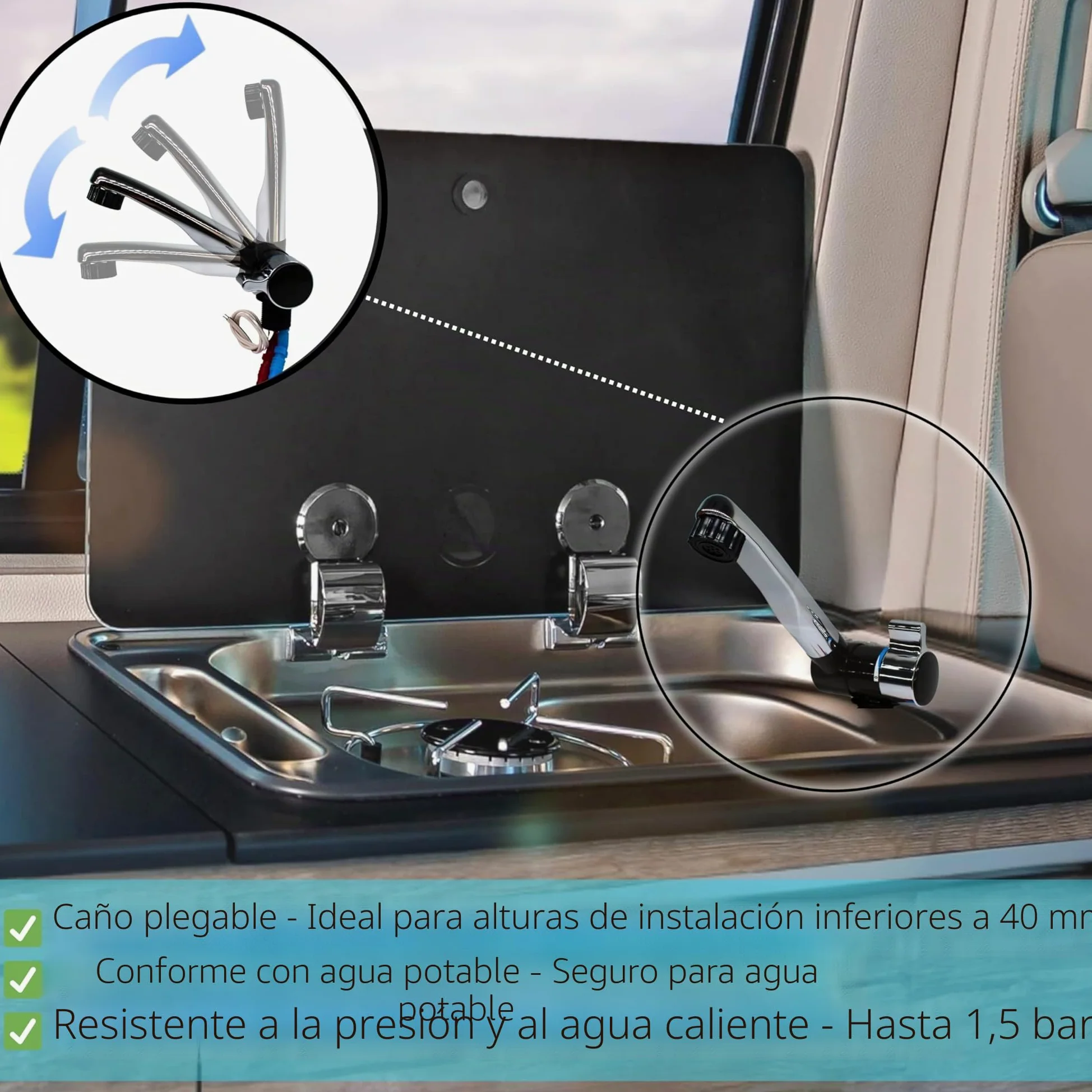 Comet Grifo de camping 12V London para autocaravana - Con 2 conexiones (agua caliente y fría), negro/cromado, grifo compacto con bomba, ideal para lavabo