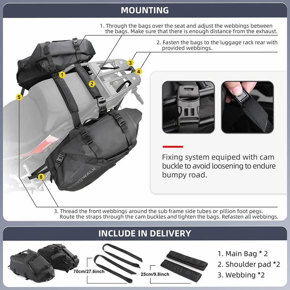 Rhinowalk Bolsas de Sillín de Motocicleta Impermeables Anti-Vibración Bolsas Laterales de Hombro 28L(14L*2) para la mayoría de los bastidores de Motocicletas Deportivas, 1 Par