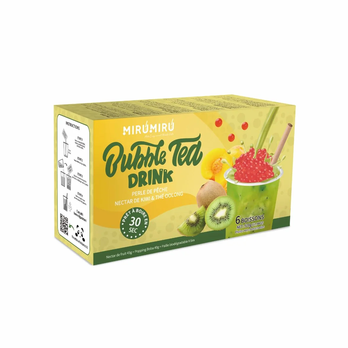 Kit de Bubble Tea MiruMiru Perla de Melocotón y Néctar de Kiwi con Té Oolong para 6 Bebidas