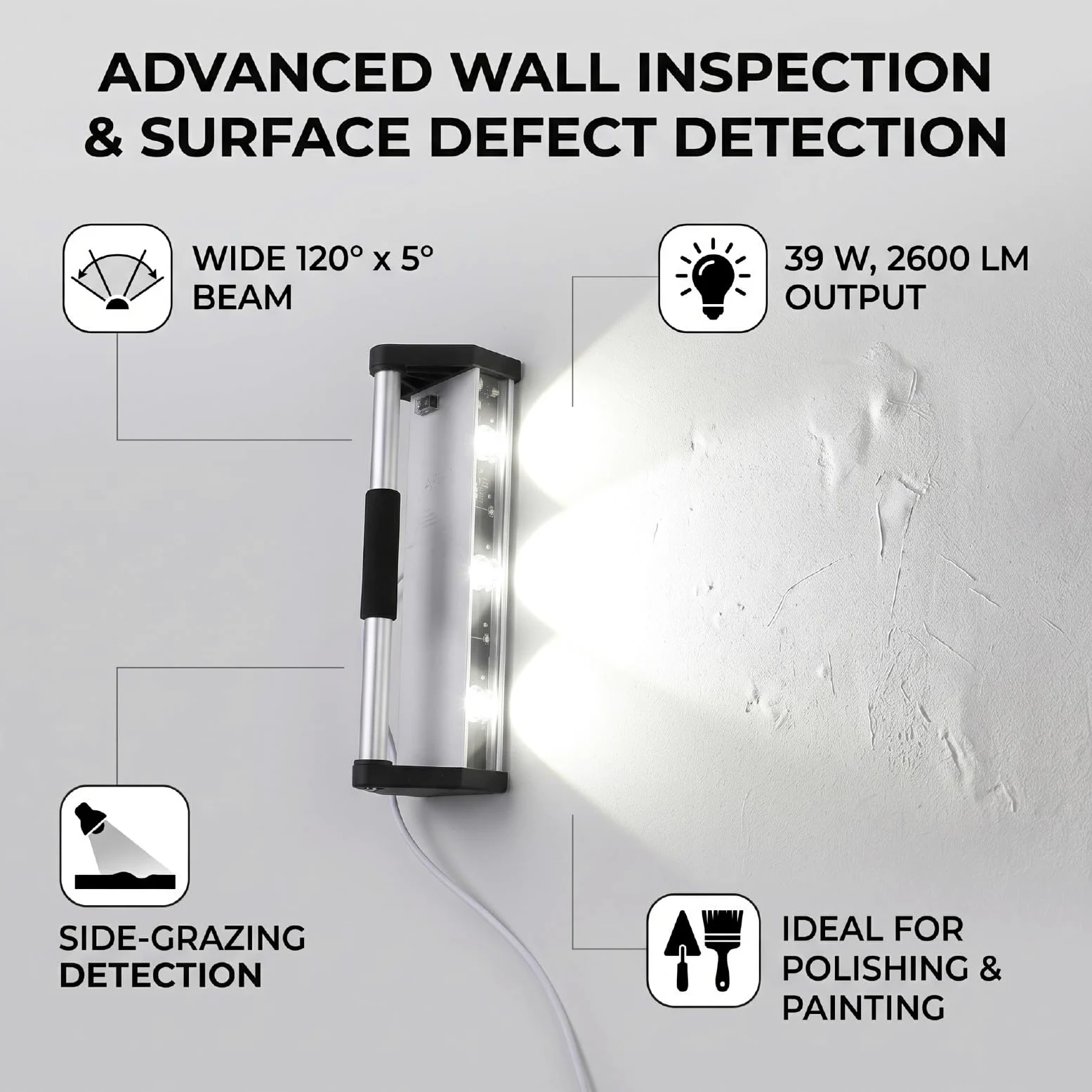 Zunate Luz de Inspección de Pulido de Pared de 2600 Lúmenes, ángulo de Haz de 120 X 5 Grados, Luz Rasante Lateral de 3 LED para Inspección de Pintura de Piso de Azulejos de Pared, Lámpara de