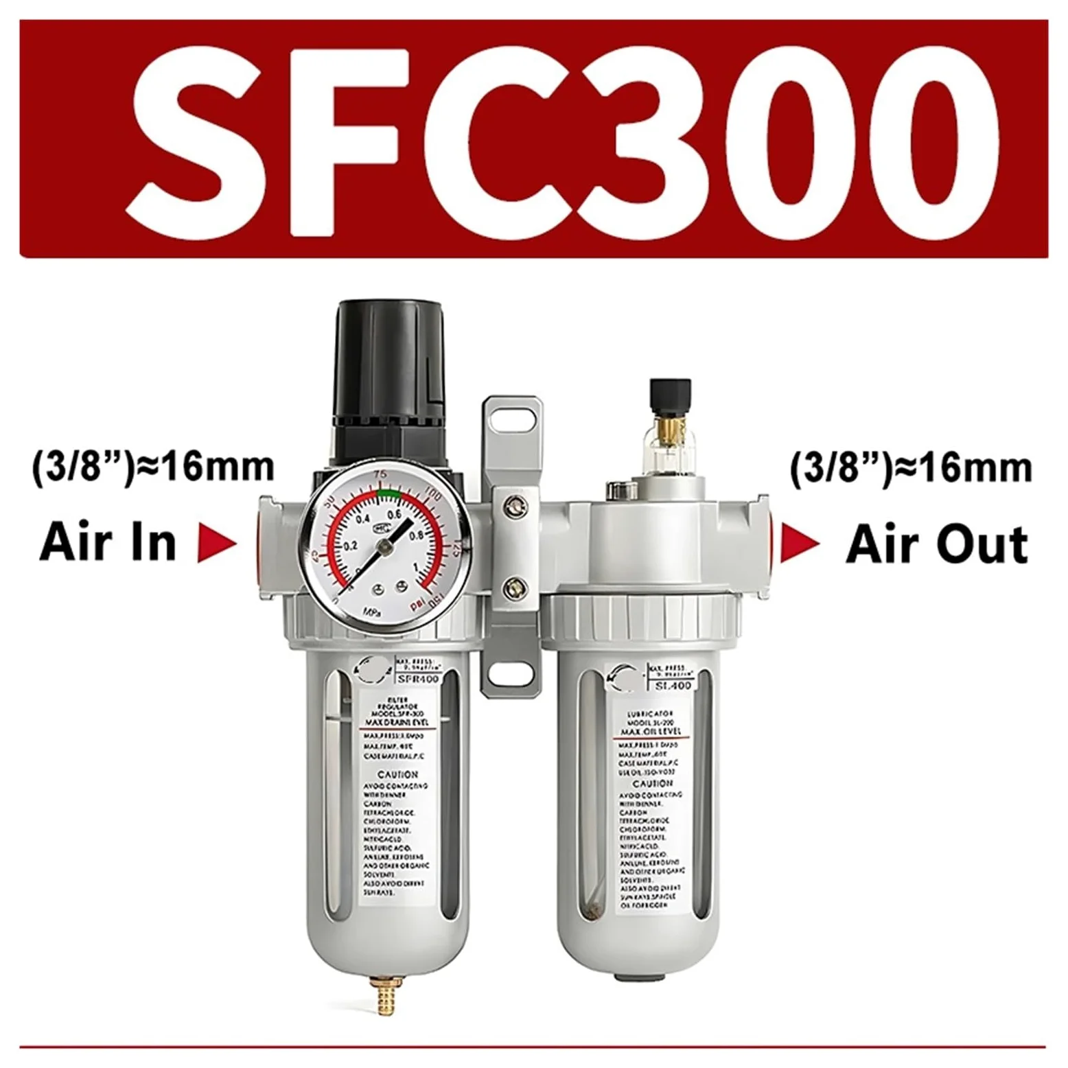 Compresor de Aire SFC200 1/4" SFC300 3/8" SFC400 1/2" Filtro regulador Separador de Aceite y Agua Trampa de Vapor Regulador de presión Accesorios neumáticos(SFC-300)