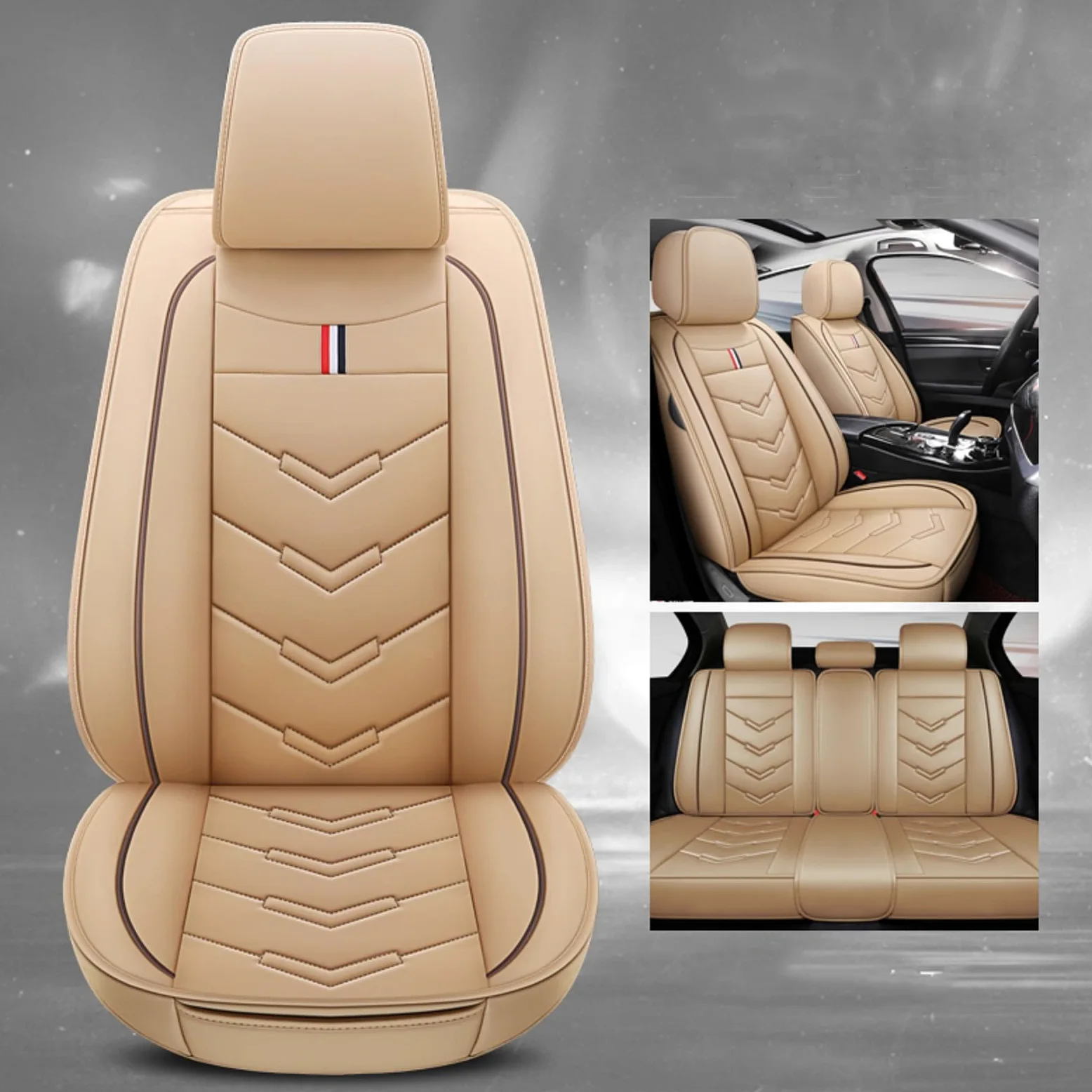 Fundas Asiento Coche Universales para Renault Megane II Coupe-cabriolet(2003-2009), Impermeable，Cuero Antideslizante Transpirable, 5 Plazas,Resistente，Fácil De Instalar(Beige)