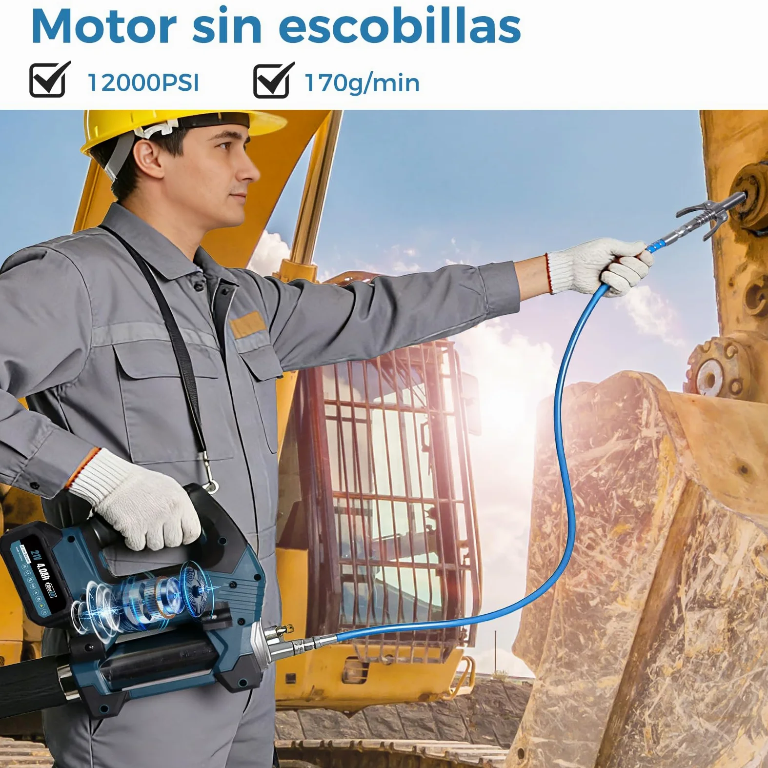 Bostar Pistola de Engrase 12000 PSI Eléctrica Bomba de Engrase a Batería con 2 Baterías 4.0Ah(Compatible Makita 18V), Motor Sin Escobillas, Manguera 1m y Adaptador para Maquinaria Agrícola y Camiones