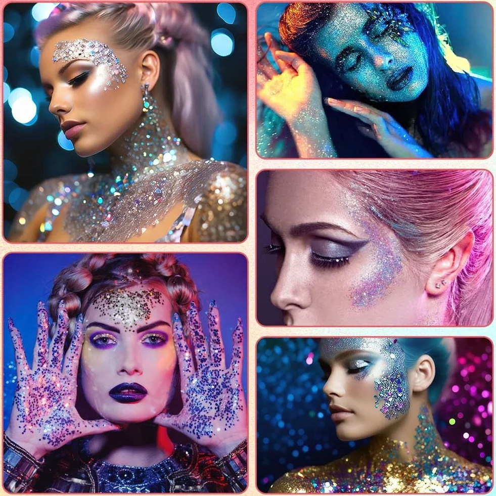 Purpurina Cara Gel 18g Festival Gel Purpurina Líquida Corporal Chunky Glitter Carnaval (Azul+Rosa+Plata+Blanco+Oro+Rojo Rosa)