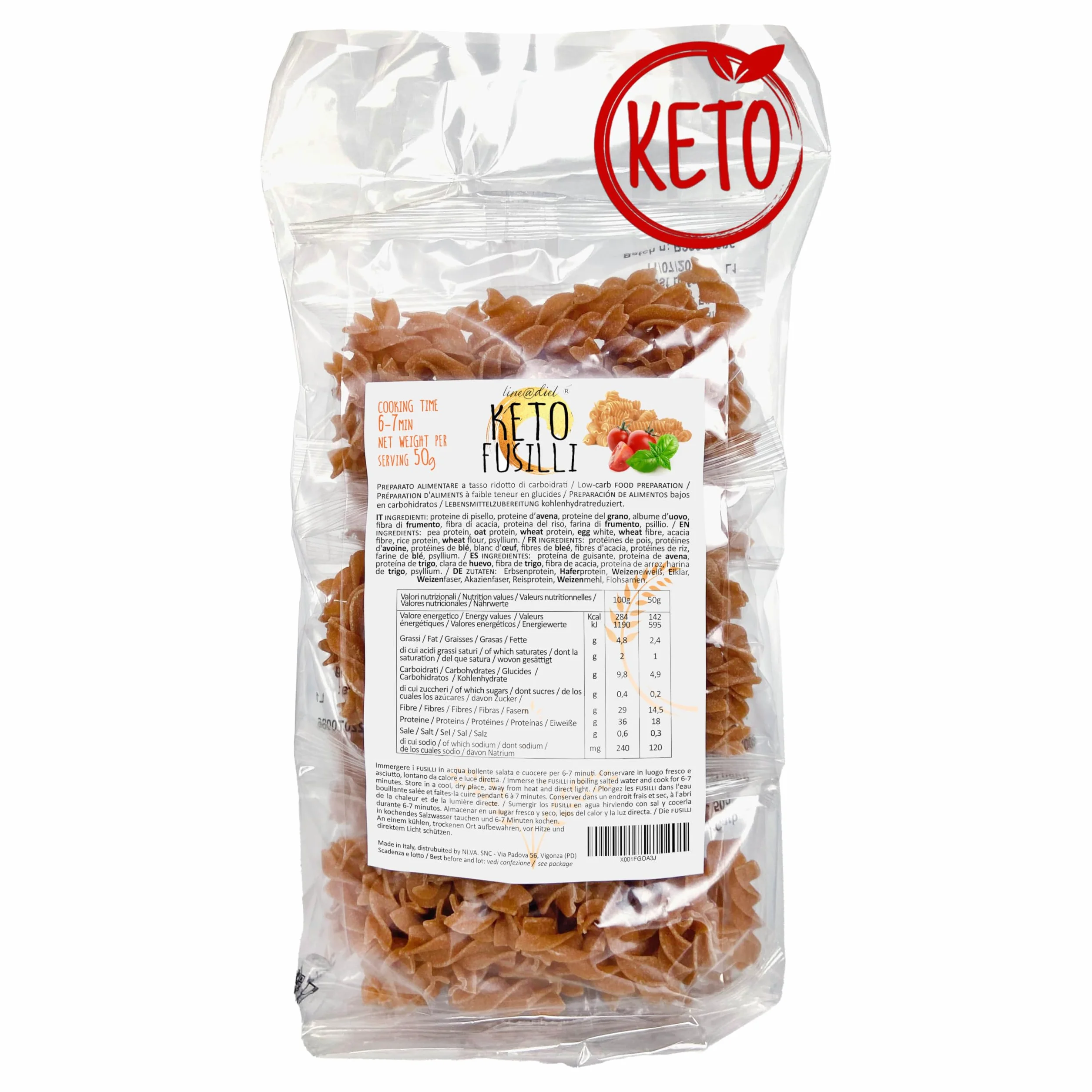 FUSILLI KETO Line@diet Fusilli Cetogénico 7x50g 350g Bajo en Carbohidratos 0.2g Azúcar Rico en Fibra y Proteínas