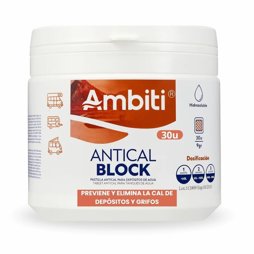 Ambiti | Antical Block | Tabletas para Eliminar y Prevenir la Cal en Depósitos de Agua Limpia, Grises | Ideal para Cisternas, Caravanas y WC |Mejora la Calidad del Agua |30 Pastillas de 9 gr