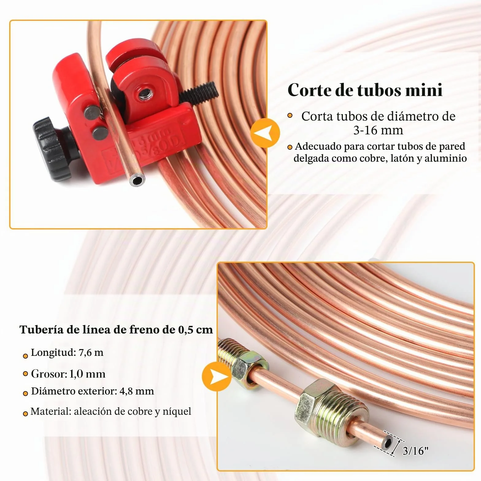 efuturetime Herramienta Ensanchamiento para Mangueras de Freno con Dobladora de Tubos, 7,6 m de Líneas de Freno, Mini Corta Tubos 3-16 mm, 16 Conexiones de Tornillo, 4 Conectores, Flangeado Simple
