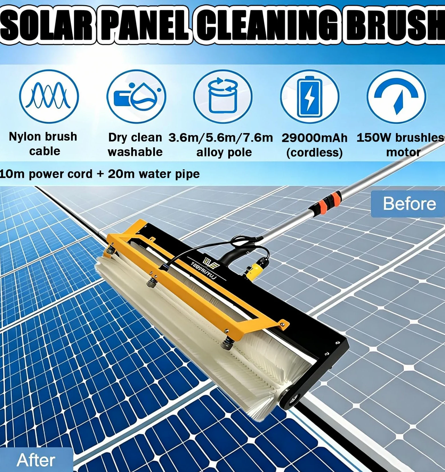 Cepillo de limpieza de paneles solares, cepillo eléctrico de rodillo de lavado de paneles fotovoltaicos, 150 W/380 rpm, modos húmedo/seco, cabezal de 60 cm, poste de alimentación de agua de 3,5 m