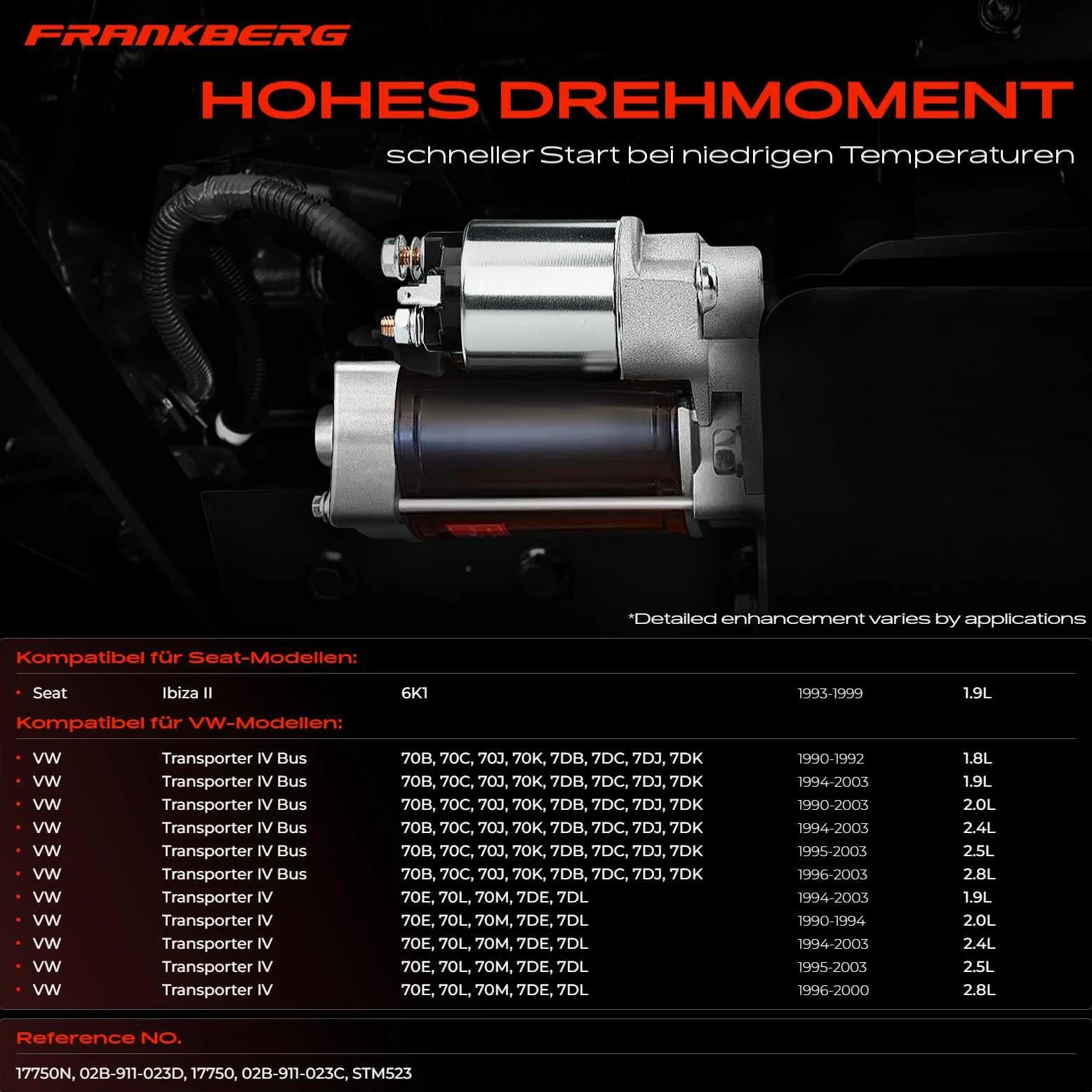 Frankberg Motor de arranque 18 kW 12 V 10 dientes 02B-911-023D | Compatible con: T.r.a.n.s.p.o.r.t.e.r IV Caja 70A 70H 70J 7DA 7DH, Ibiza II 6K1