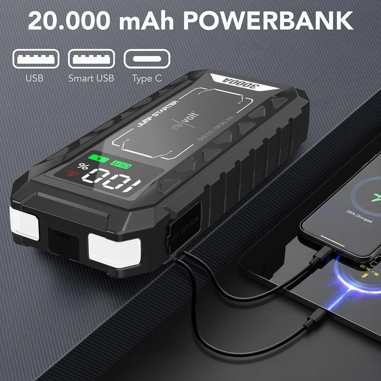 revolt Arrancador de batería y powerbank 3 en 1 PB-815.kfz, 20 Ah, 3000 A, USB-C PD 60 W, LED