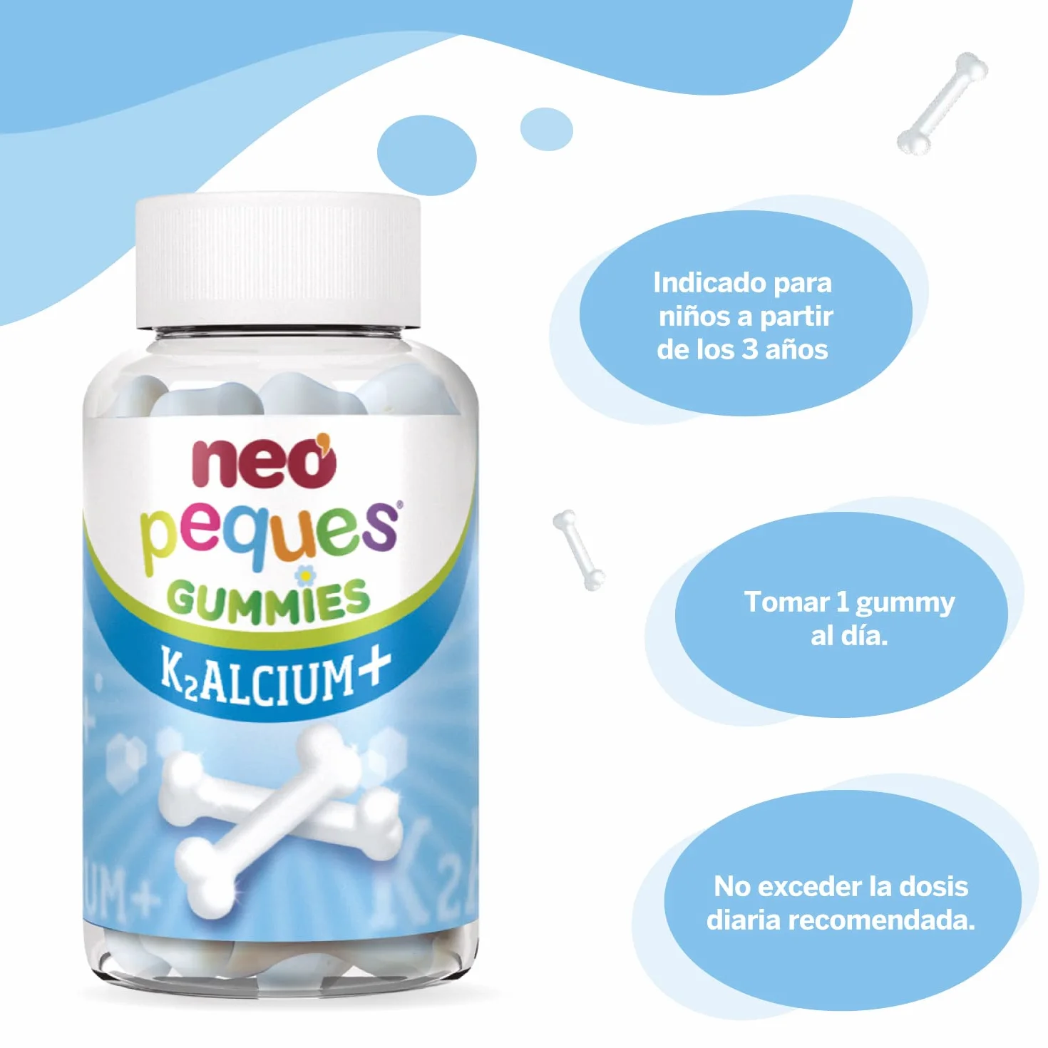 NEO PEQUES Gummies Kalcium + 30 Gominolas Calcio Vitaminas K2 D3 Caramelos Masticables Niños Sabor Yogur