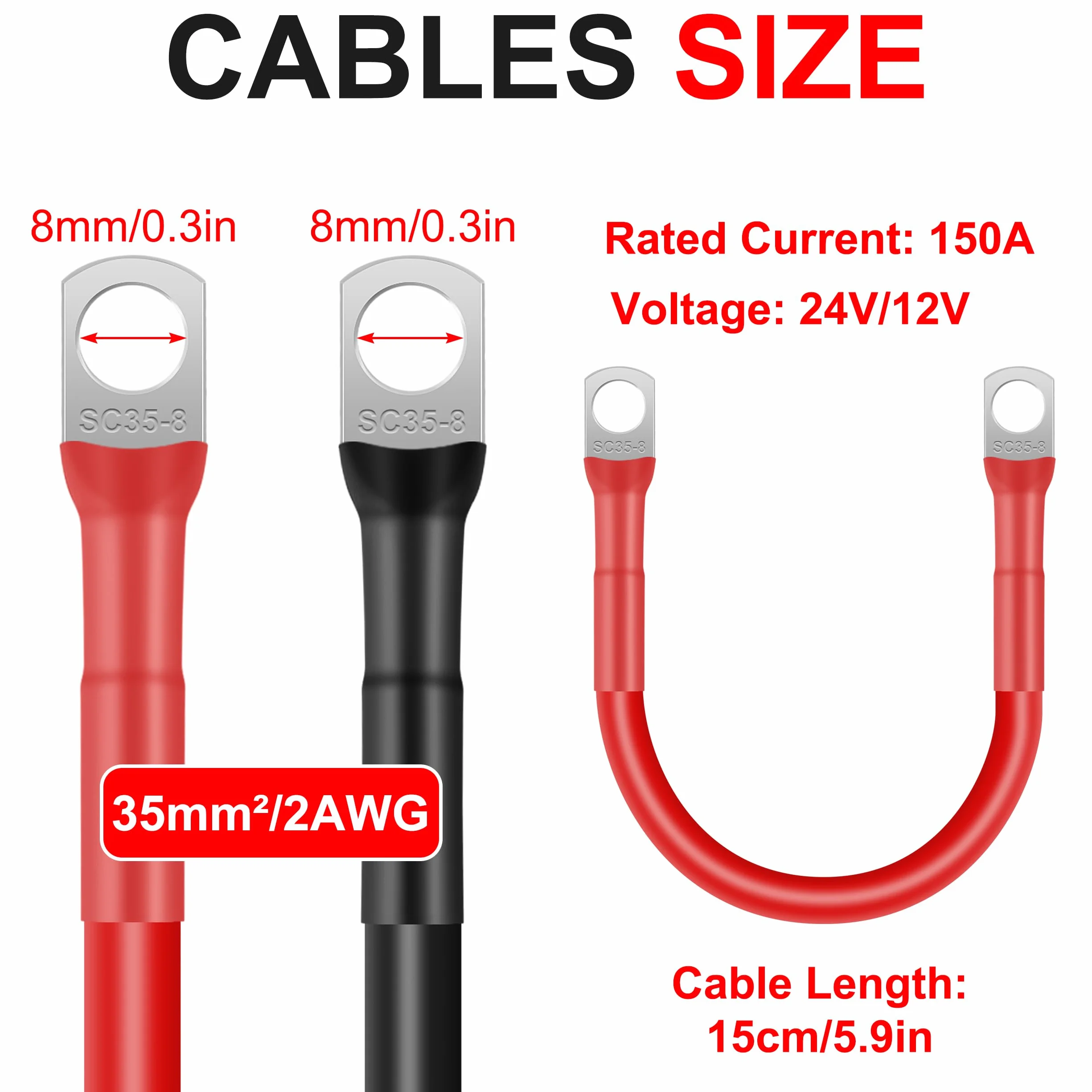 QIMEI-SHOP 2 Piezas Cable Bateria 15cm 35mm² Cable Inversor de Batería 12V 2AWG Cables de Batería con M8 Terminales de Anillo para Automóvil Camión Moto Solar Marino Negro y Rojo
