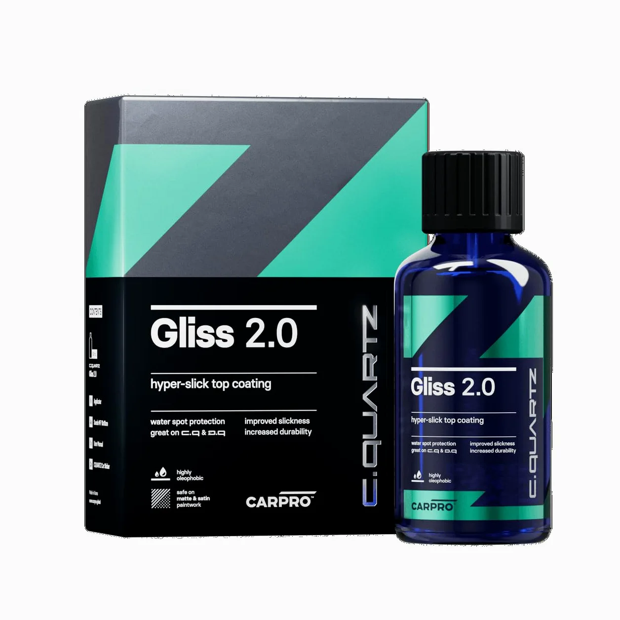 CARPRO Gliss 2.0 - Revestimiento de cerámica para automóviles - Capa superior hidrofóbica - Protección extrema contra manchas de agua con aplicadores de microfibra - Repele el aceite, la suciedad y la