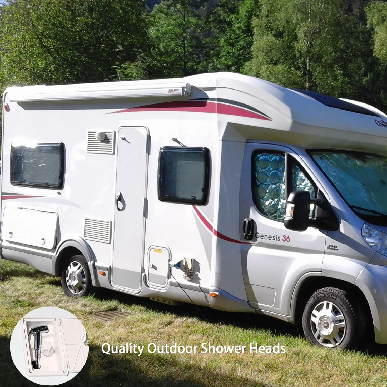 Ducha Camper, Extensible Ducha para Autocaravana, TOOSOAR Blanca Ducha para Camping con Manguera Metálica de 1.5 M, Exterior Botón Unico Ducha para Caravana