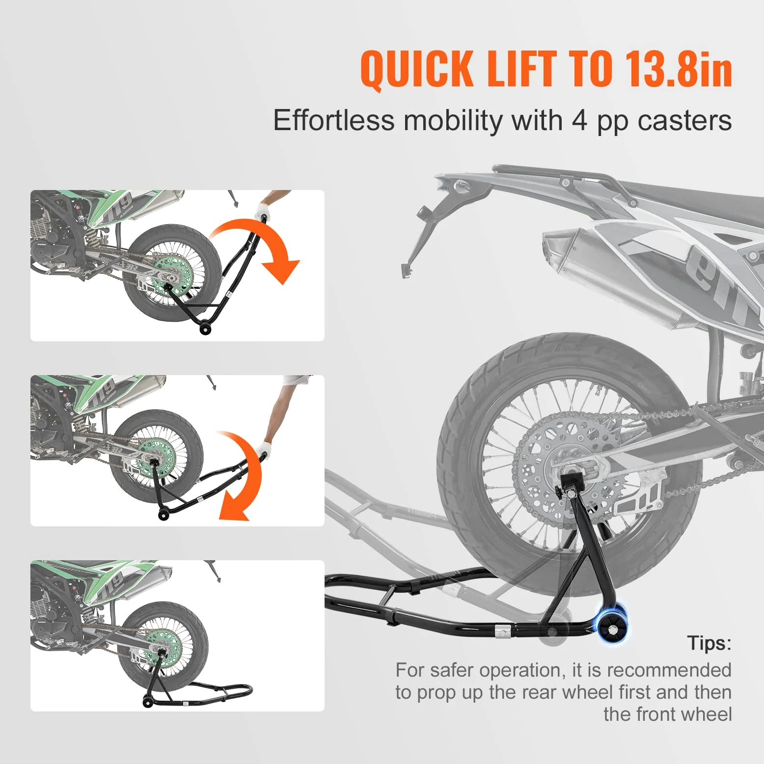 VEVOR Soporte de Moto para Carga de Rueda Trasera 0,39T Soporte de Taller con Brazo Ajustable Soporte de Rueda de Acero Elevador de Moto Compatible con Diámetro de Rueda 350mm Reparación Mantenimiento
