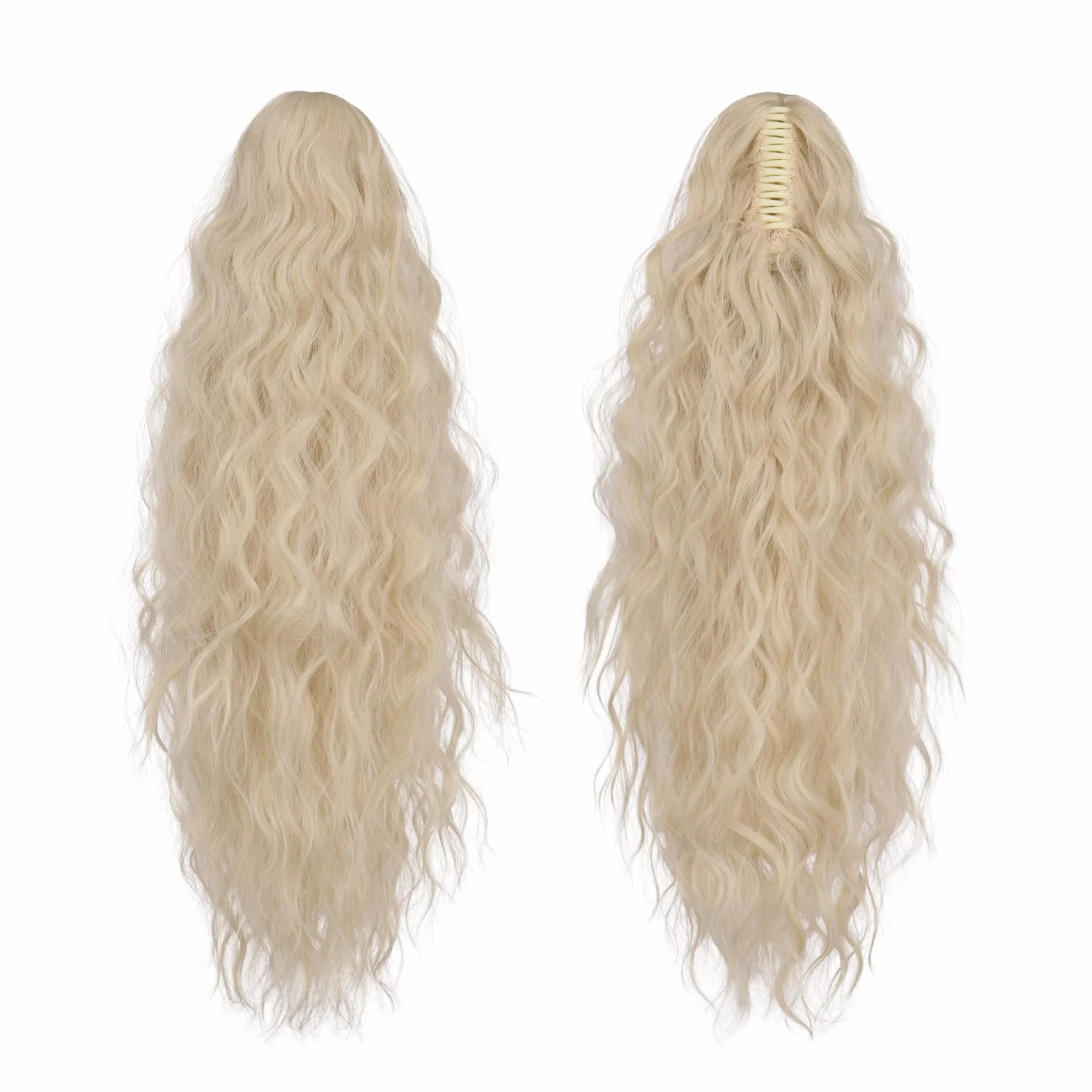 FESHFEN Coleta Postiza Pelo Natural 65 cm Rubio Platino Ondulado Rizado con Pinza