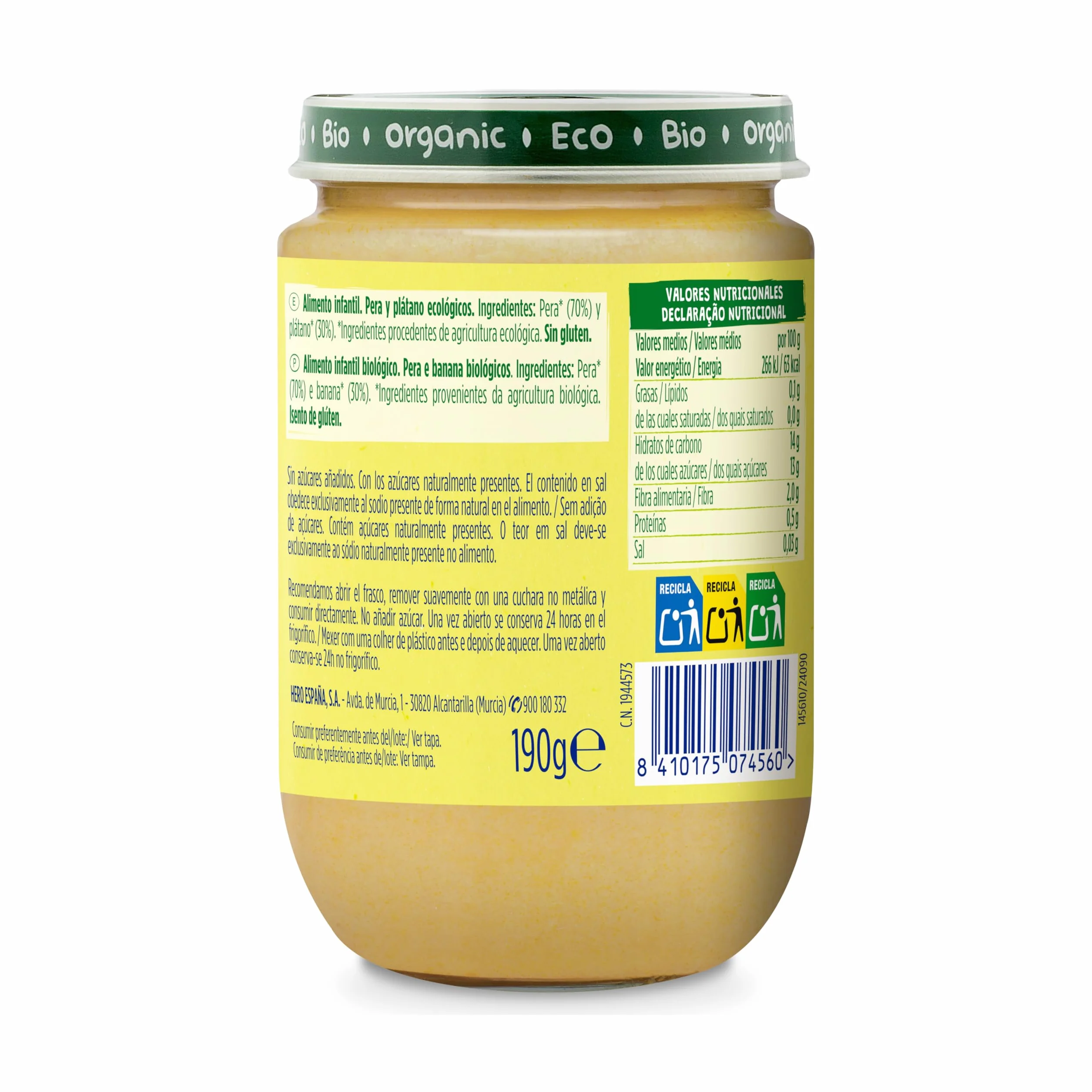 Hero Solo Bio Tarritos de Pera y Plátano 100% Ecológico para Bebés 4 Meses Pack 12 x 190 g