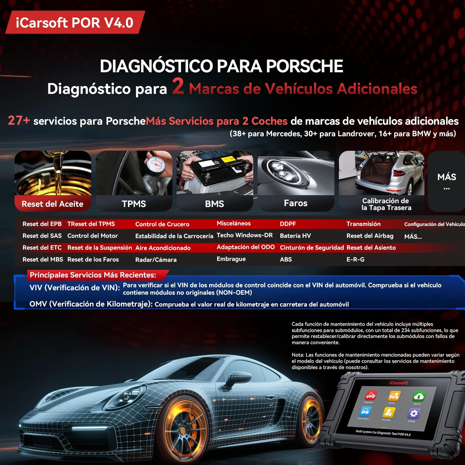 iCarsoft por V4.0 Herramienta de Diagnóstico para Porsche +2 Marcas de Vehículos Extra, Escáner OBD2 con Prueba Bidireccional/26 Servicios (177 Subservicios) +66 Servicios Extra, Registro de Batería