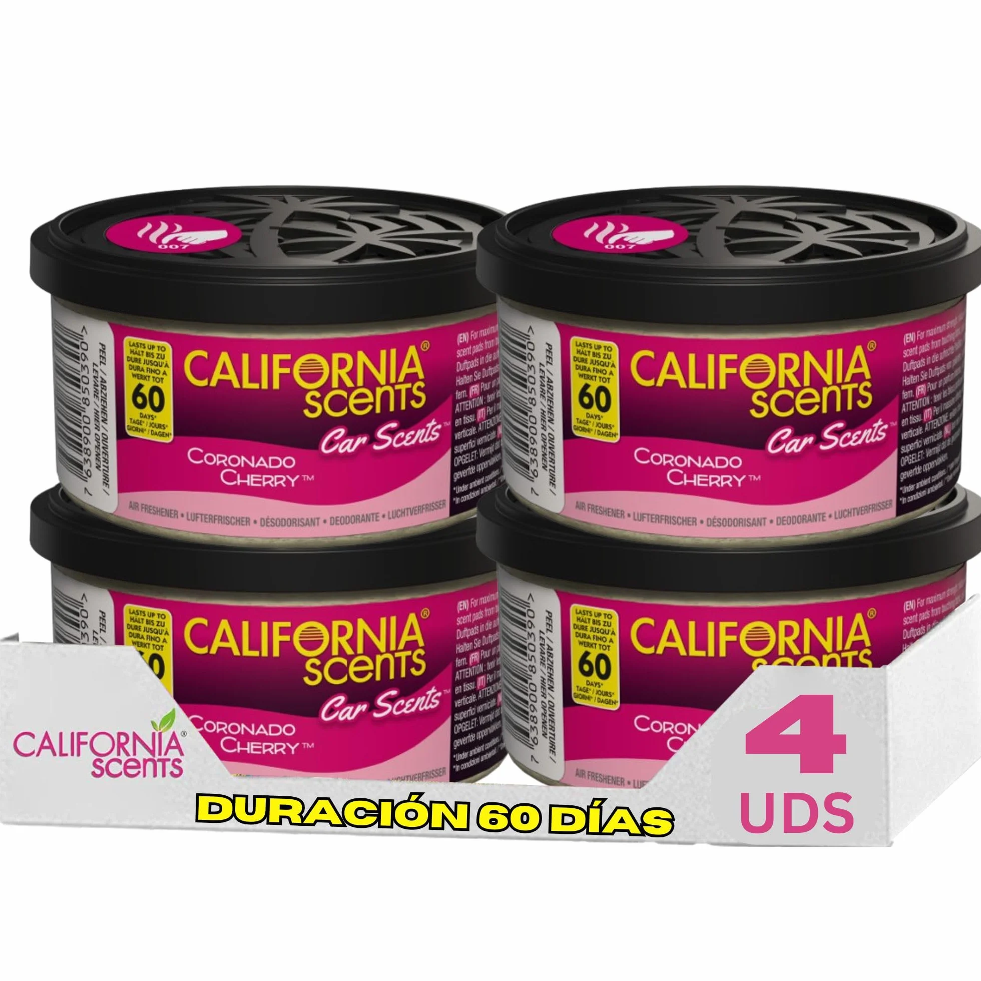 California Scents Ambientador de coche en Lata - 4 Pack - Fragancia Duradera de Cereza (Hasta 30 Días) - Control de Intensidad de Olor para un Ambiente Fresco y Personalizado en tu Coche, 42g