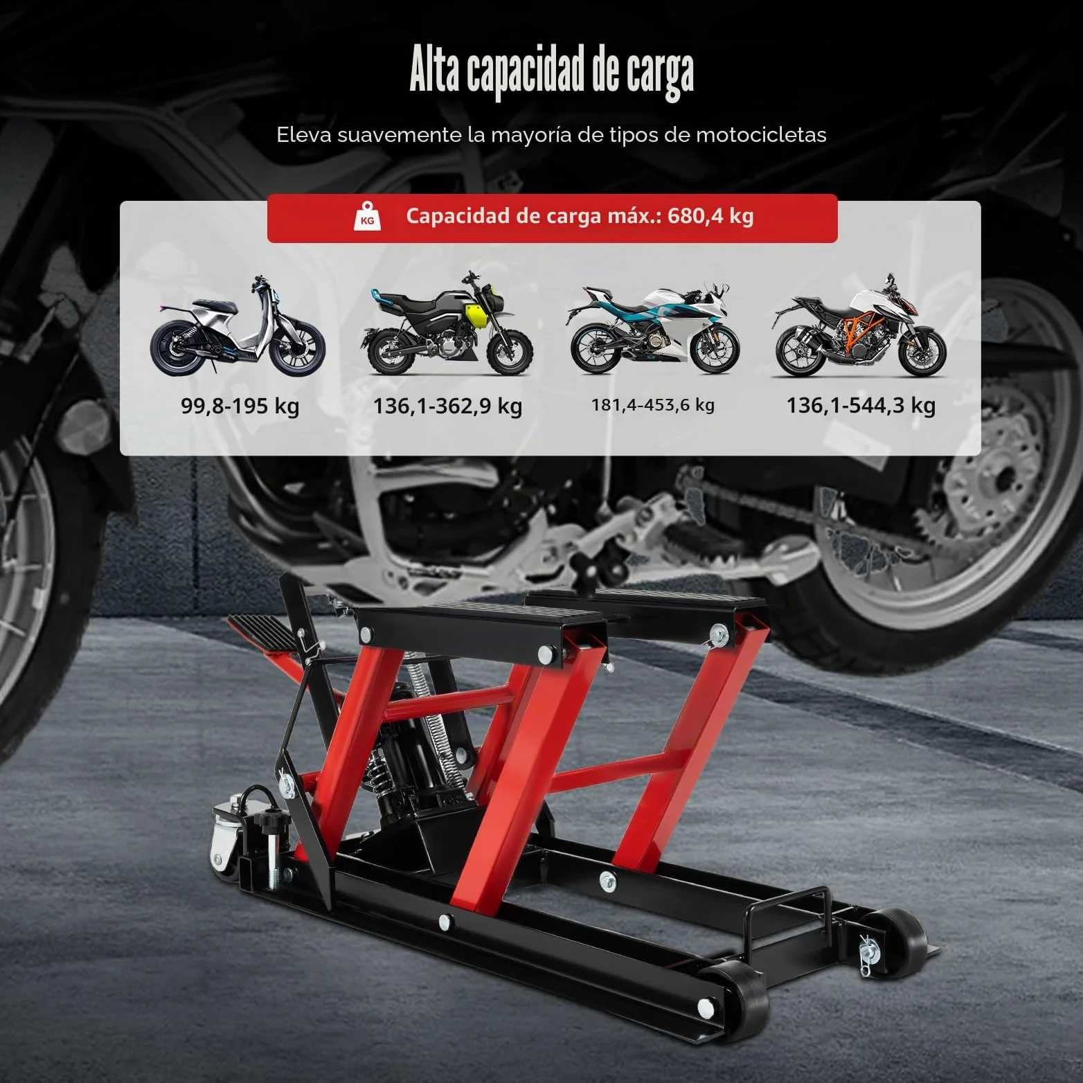 Plataforma elevadora hidráulica para motocicleta, capacidad de carga de 680 kg y ajuste de altura 115-365 mm, con pasadores de seguridad y ruedas, para reparación y mantenimiento de vehículos todo