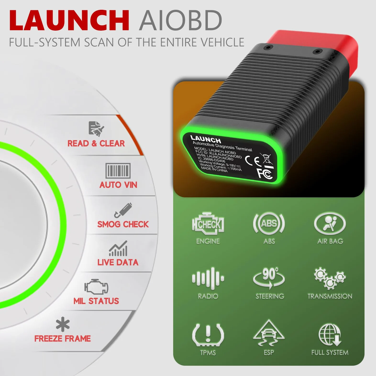 LAUNCH AIOBD Escáner OBD2 Bluetooth con IA, Herramienta de Diagnóstico Asistida por IA para Todos los Sistemas, Lector de Códigos de Falla OBD-II Compatible con iOS/iPhone y Android